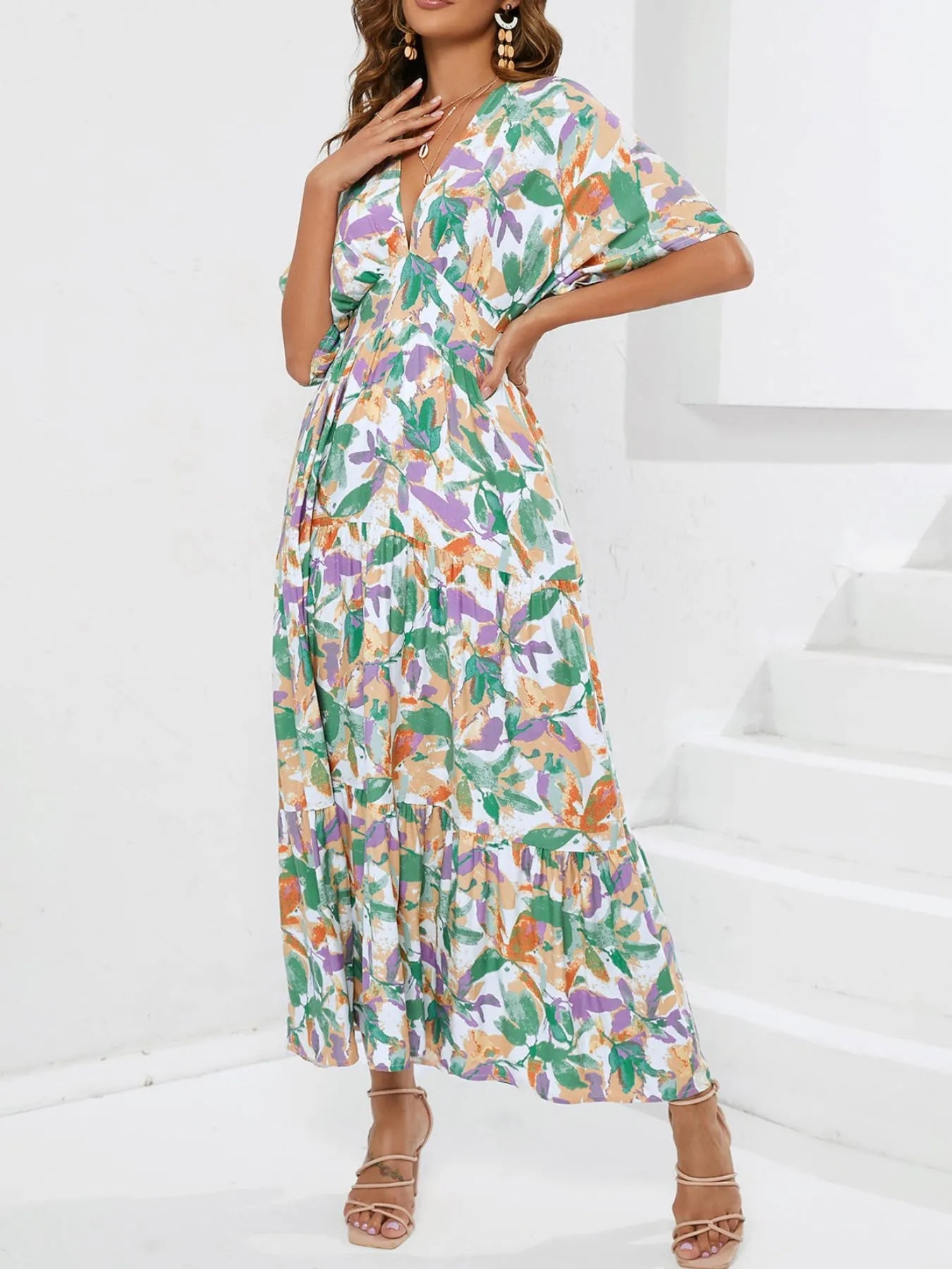 Floral Print V - neck Boho Midi Dress - MAD RUFFI