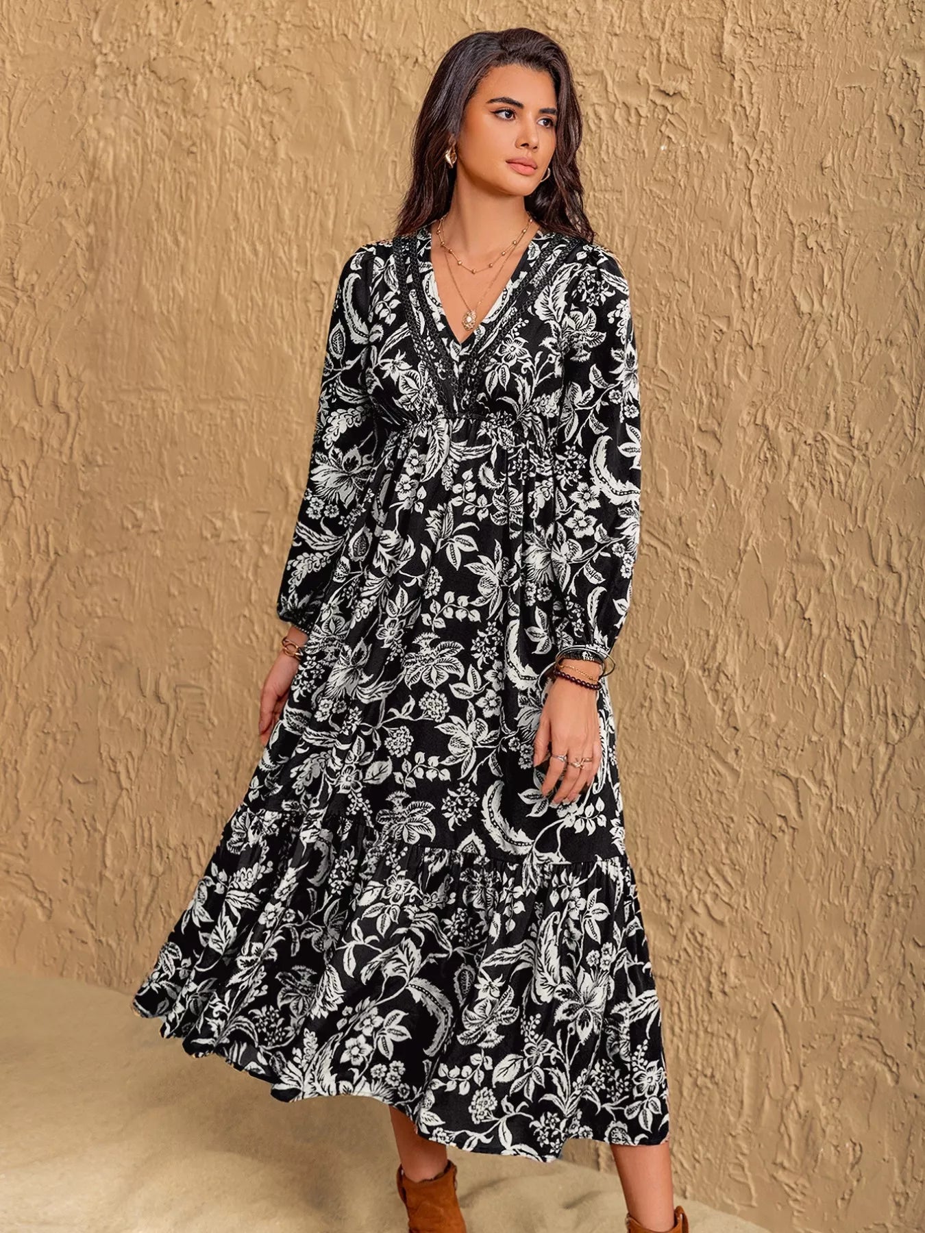 Floral Print V - Neck Long Sleeve Ruffle Hem Midi Dress - MAD RUFFI