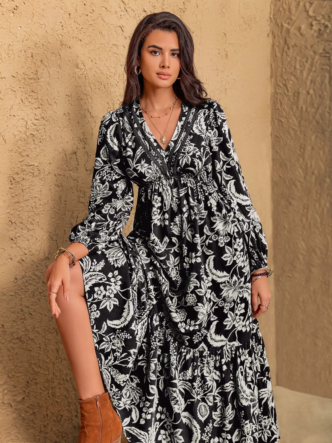 Floral Print V - Neck Long Sleeve Ruffle Hem Midi Dress - MAD RUFFI