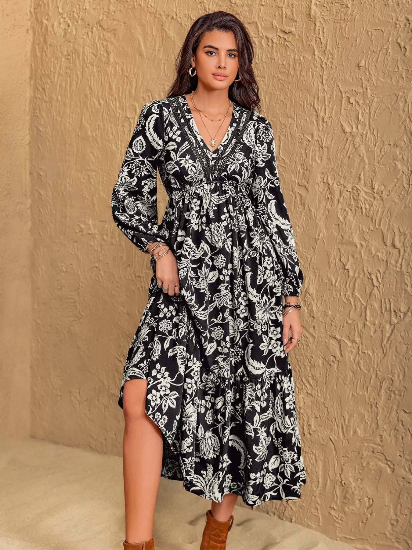 Floral Print V - Neck Long Sleeve Ruffle Hem Midi Dress - MAD RUFFI