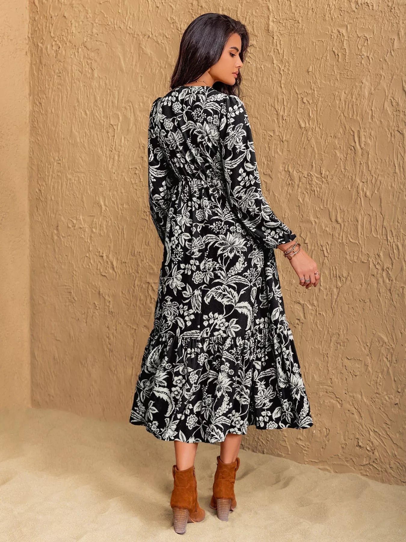 Floral Print V - Neck Long Sleeve Ruffle Hem Midi Dress - MAD RUFFI