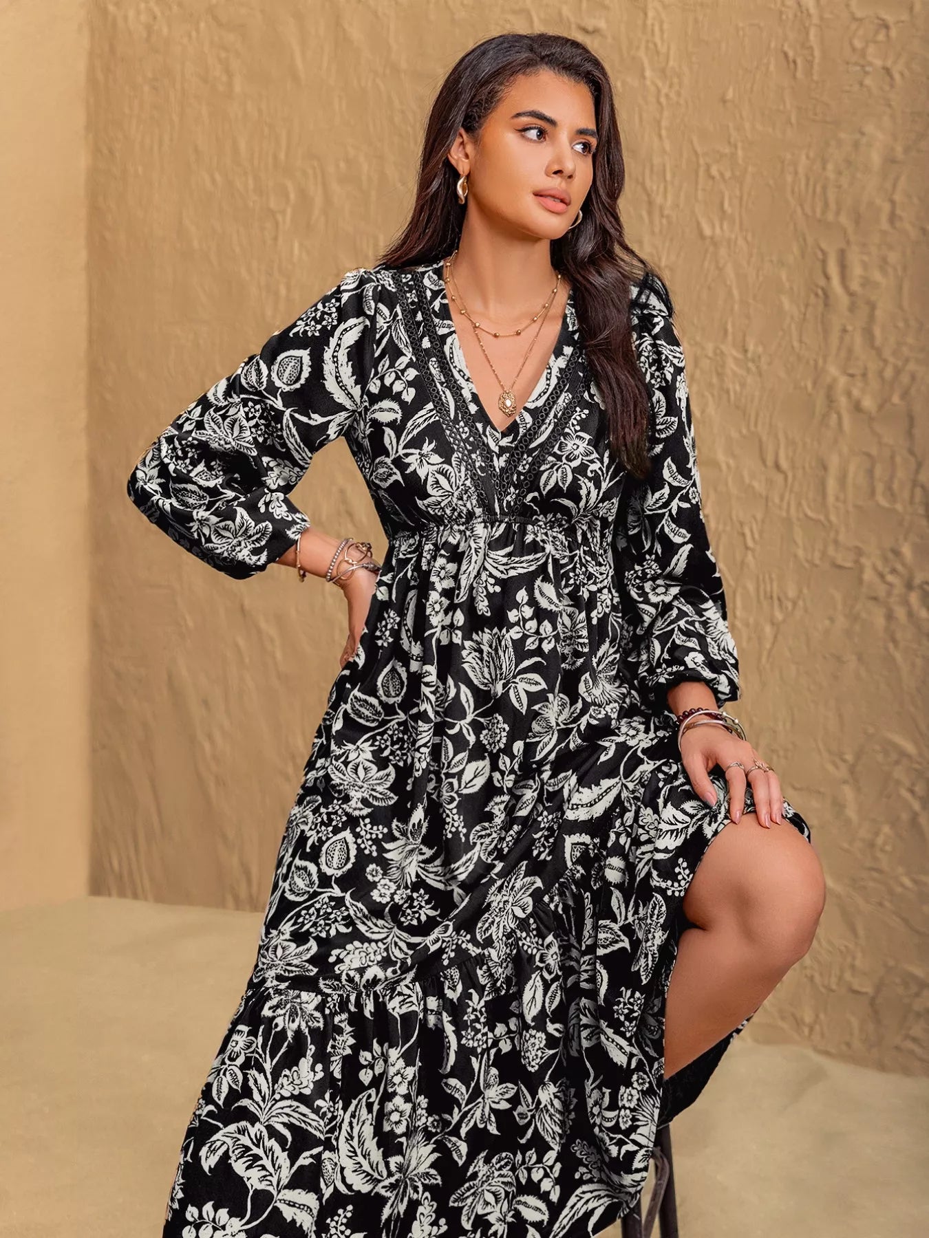 Floral Print V - Neck Long Sleeve Ruffle Hem Midi Dress - MAD RUFFI
