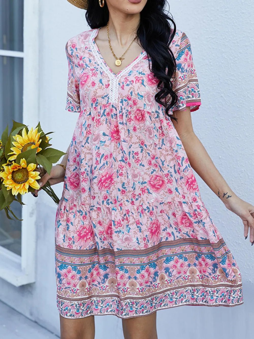 Floral Print V - Neck Summer Dress - MAD RUFFI