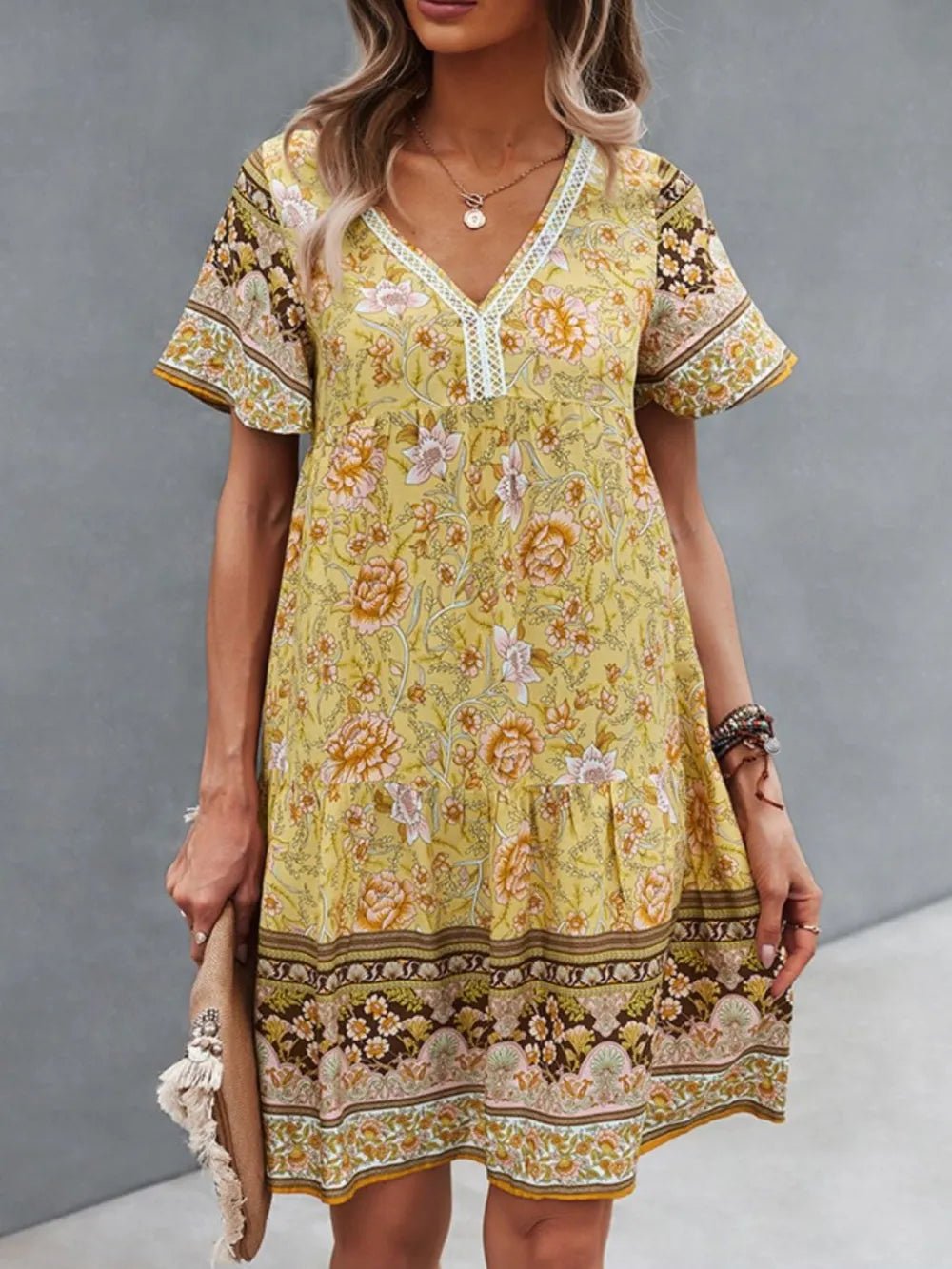Floral Print V - Neck Summer Dress - MAD RUFFI