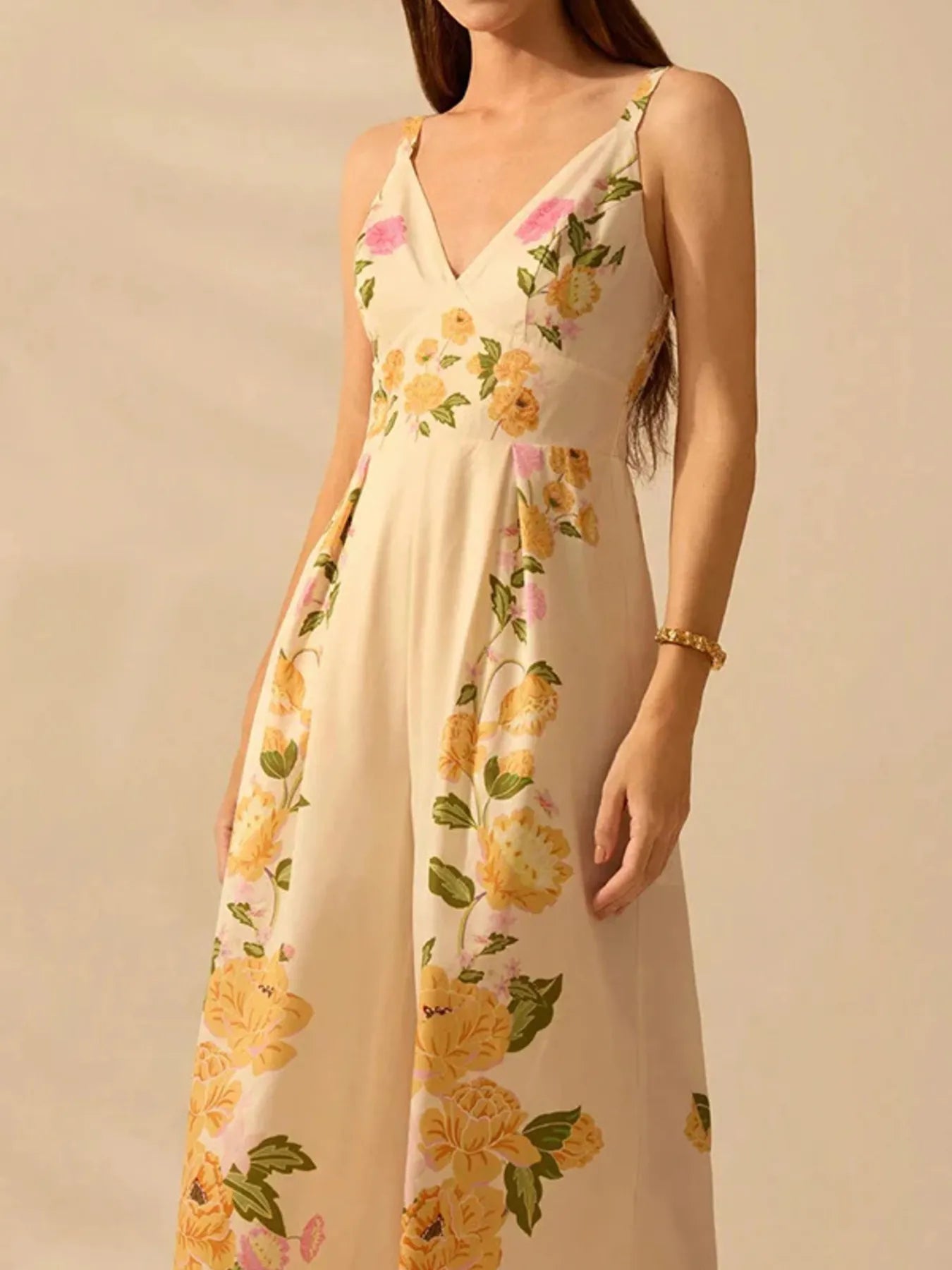 Floral Print Wide - Leg V - Neck Cami Jumpsuit - MAD RUFFI