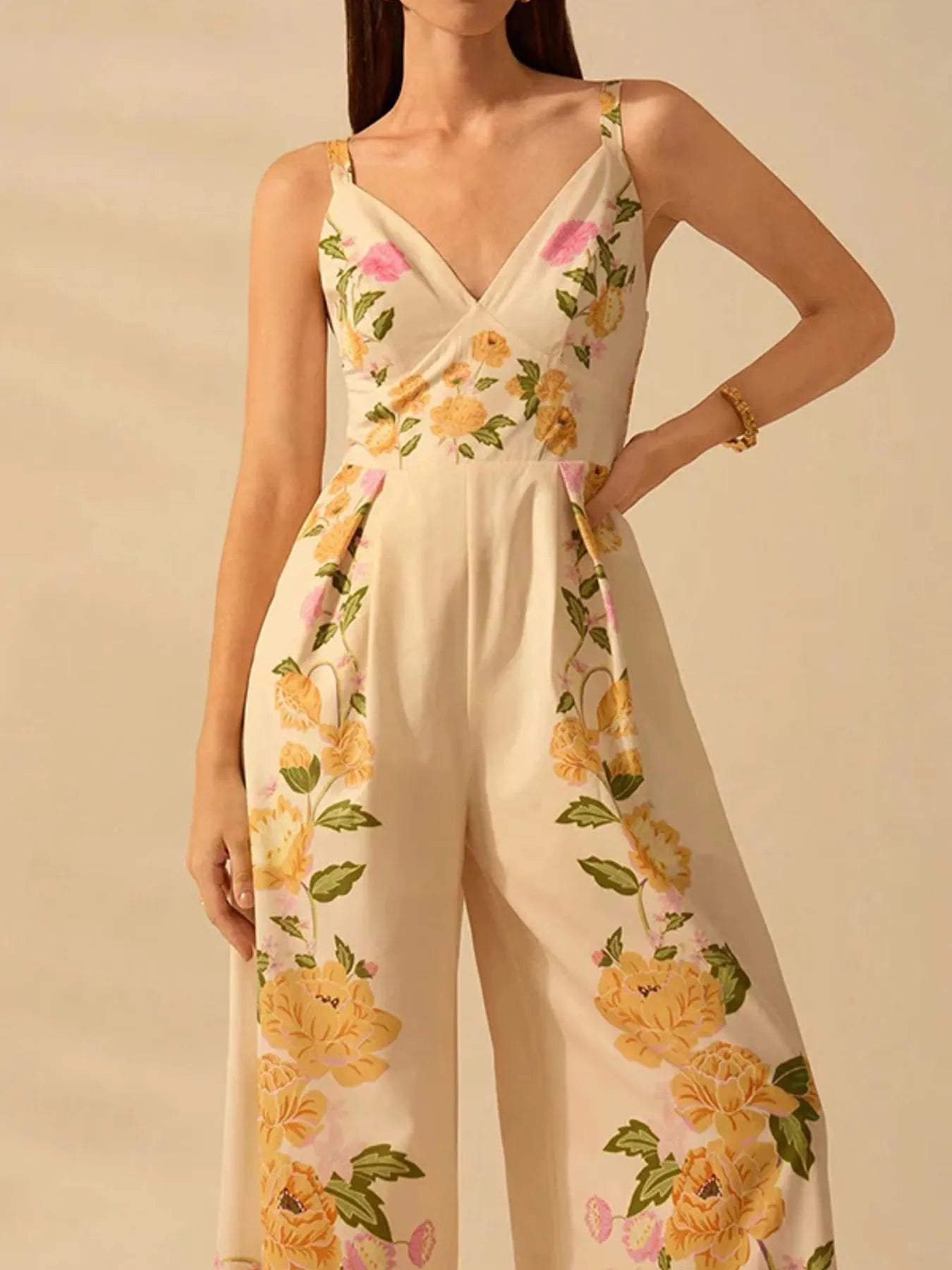 Floral Print Wide - Leg V - Neck Cami Jumpsuit - MAD RUFFI