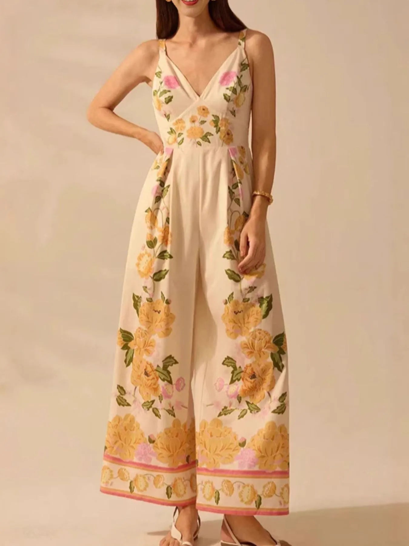 Floral Print Wide - Leg V - Neck Cami Jumpsuit - MAD RUFFI