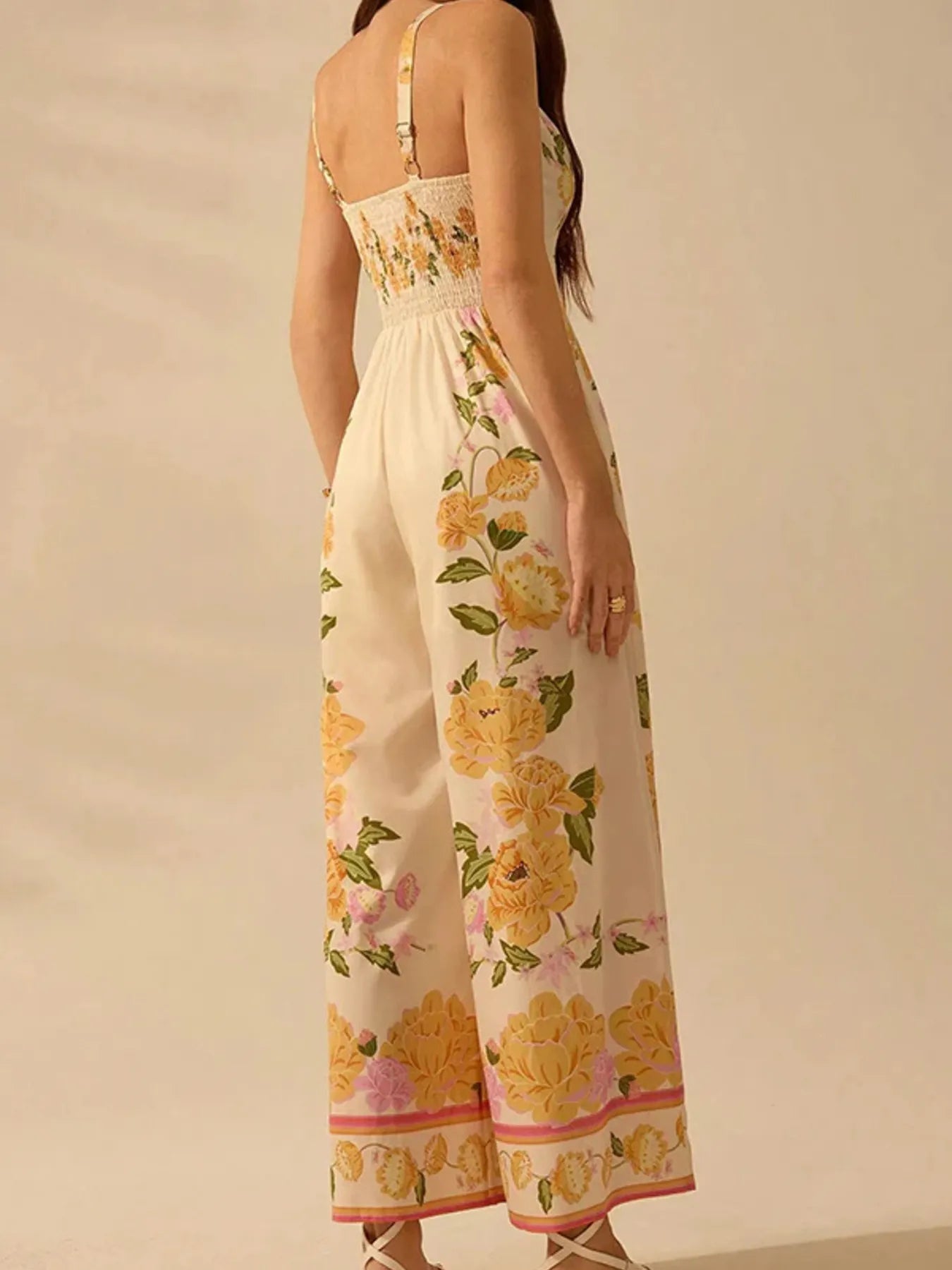 Floral Print Wide - Leg V - Neck Cami Jumpsuit - MAD RUFFI