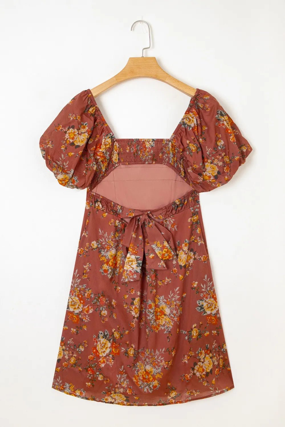 Floral Puff Sleeve Square Neck Knot Open Back Mini Dress - MAD RUFFI