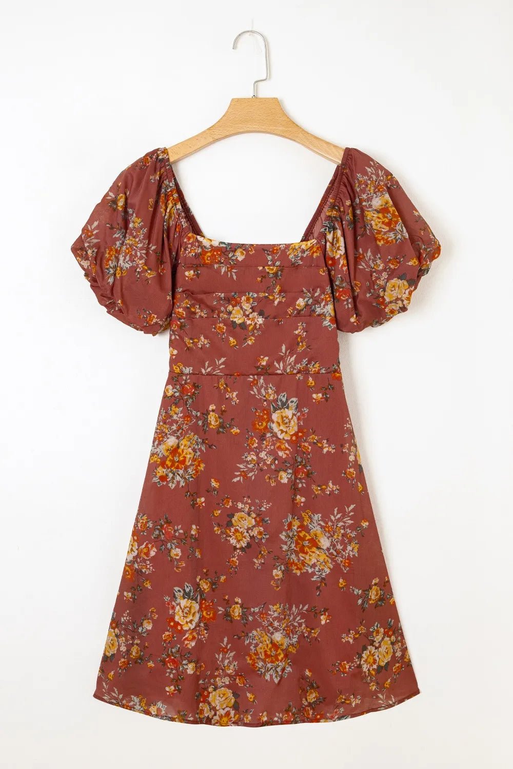 Floral Puff Sleeve Square Neck Knot Open Back Mini Dress - MAD RUFFI