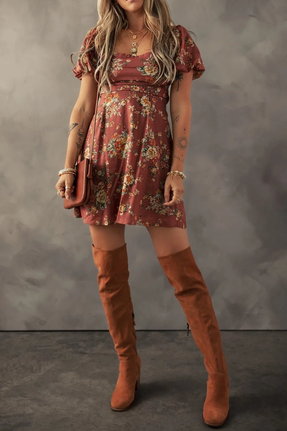 Floral Puff Sleeve Square Neck Knot Open Back Mini Dress - MAD RUFFI