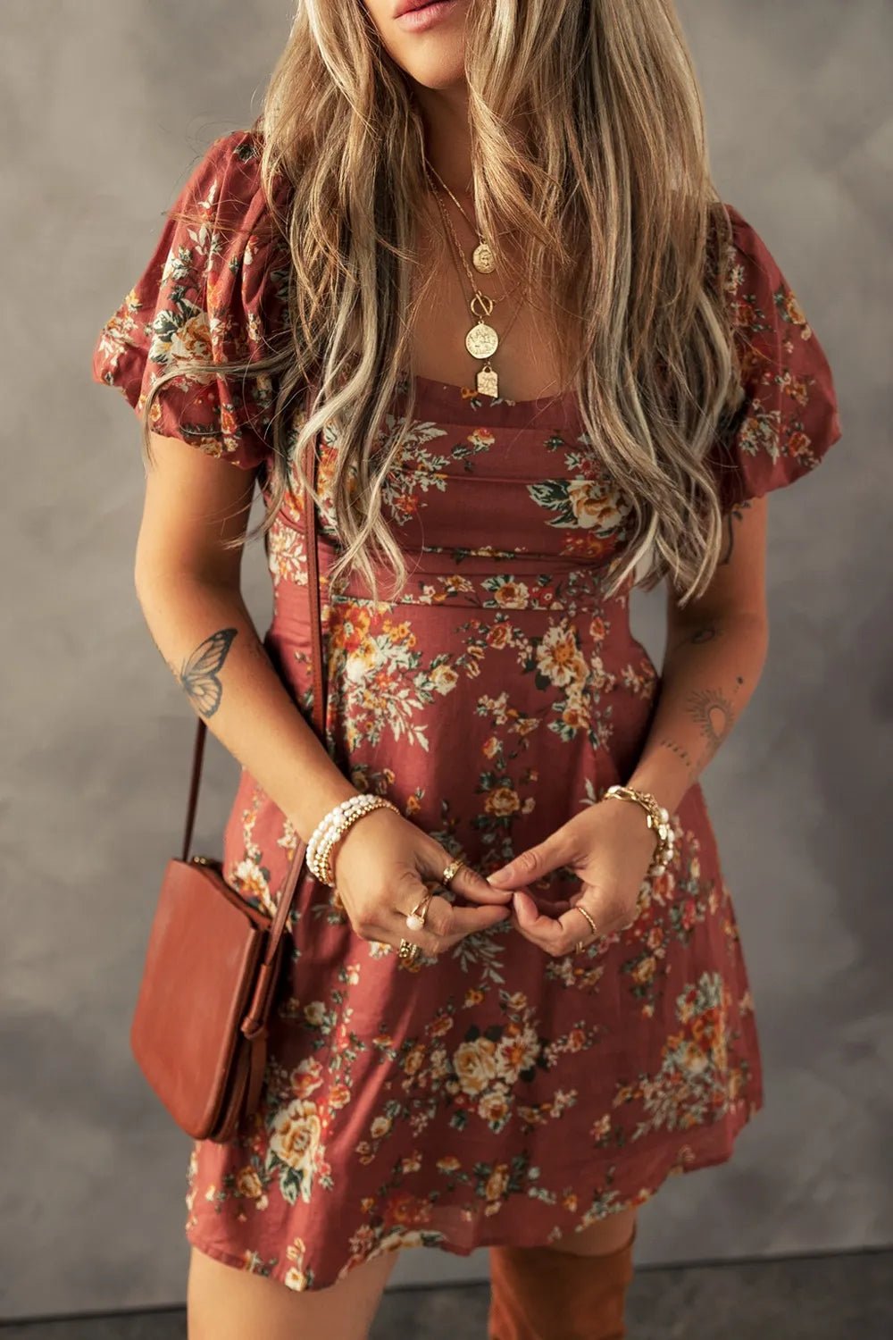 Floral Puff Sleeve Square Neck Knot Open Back Mini Dress - MAD RUFFI