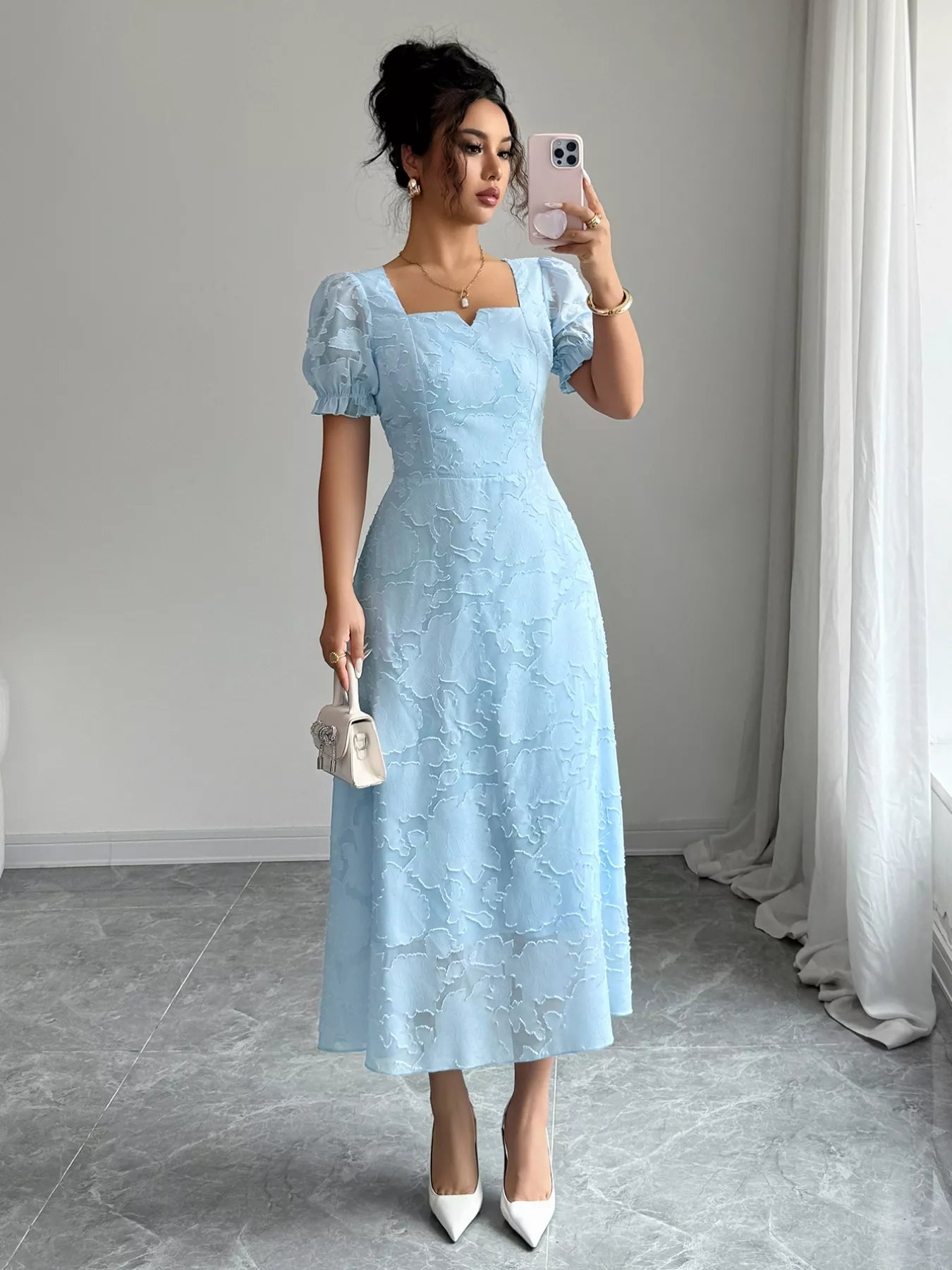 Floral Puff Sleeve Square Neck Midi Dress - MAD RUFFI