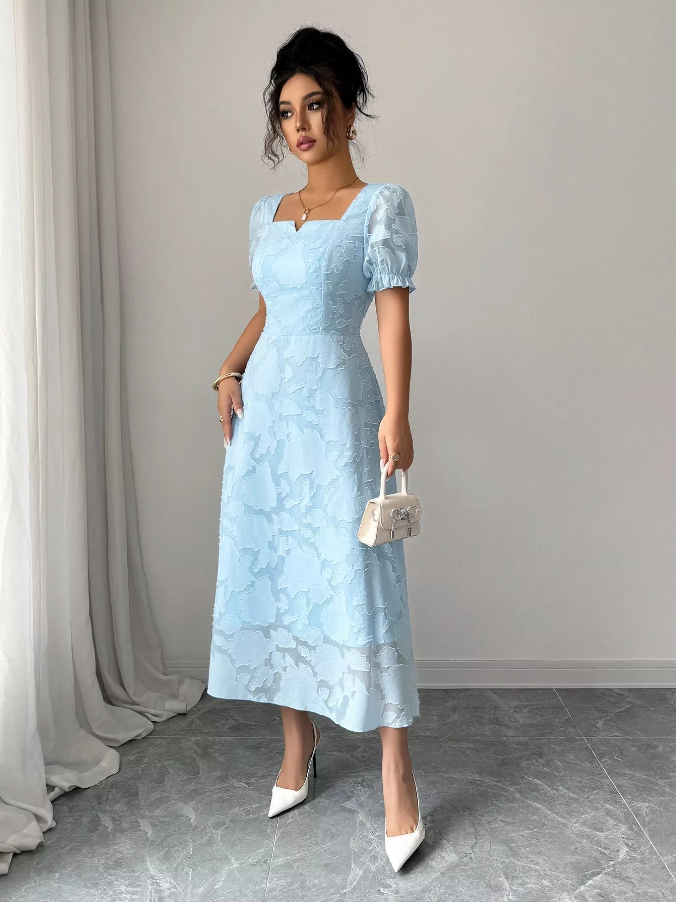 Floral Puff Sleeve Square Neck Midi Dress - MAD RUFFI