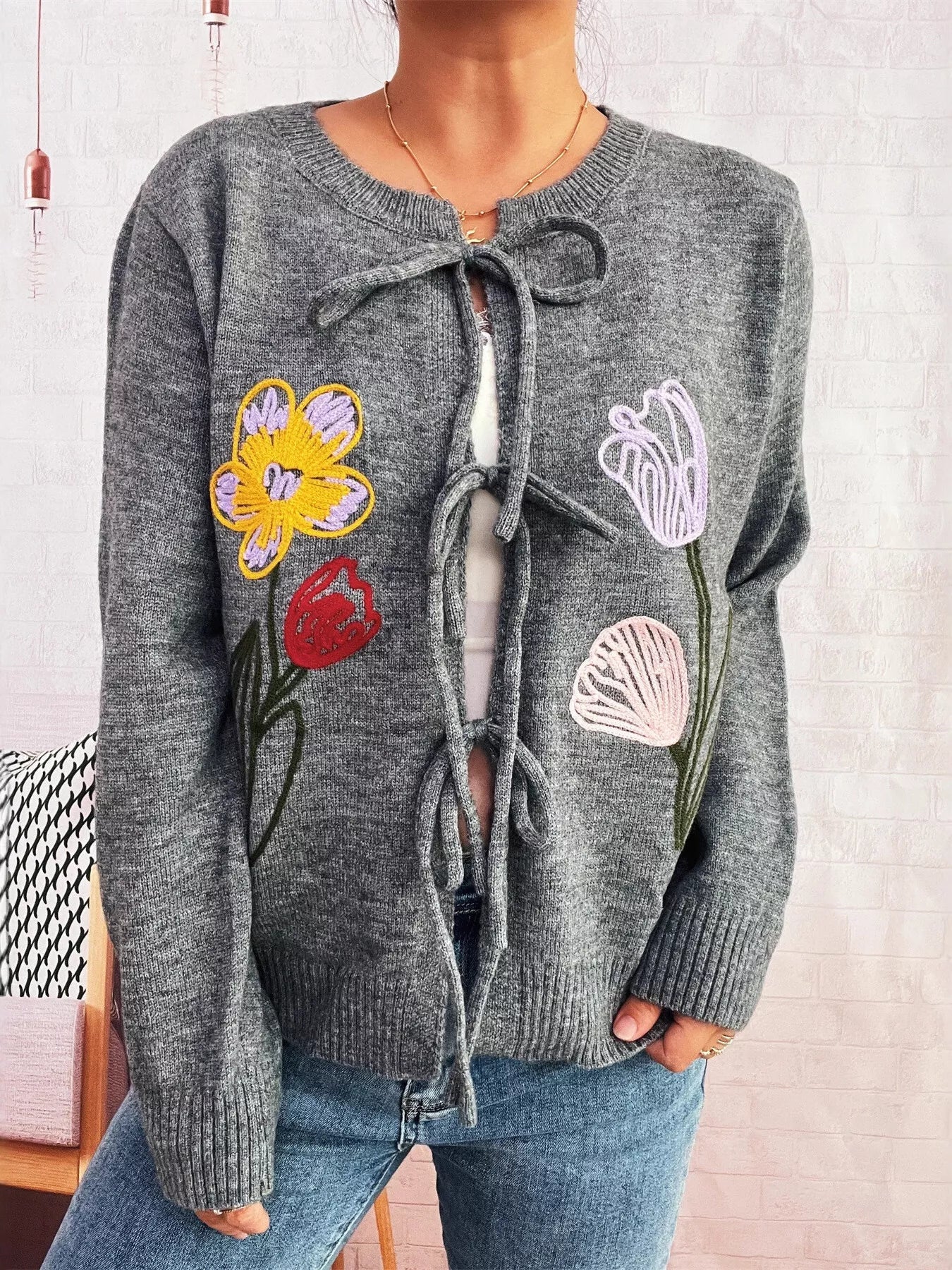 Floral Ribbed Hem Tie Front Cardigan - MAD RUFFI