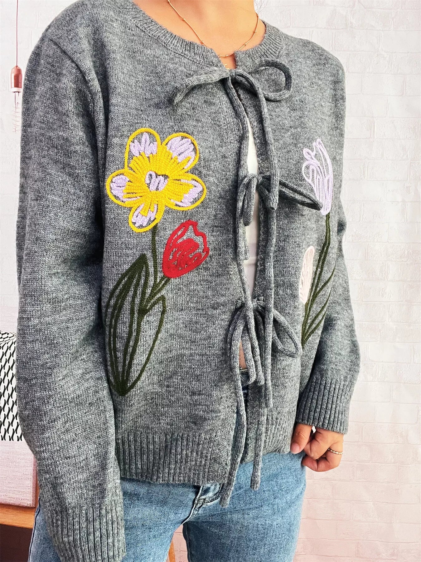 Floral Ribbed Hem Tie Front Cardigan - MAD RUFFI