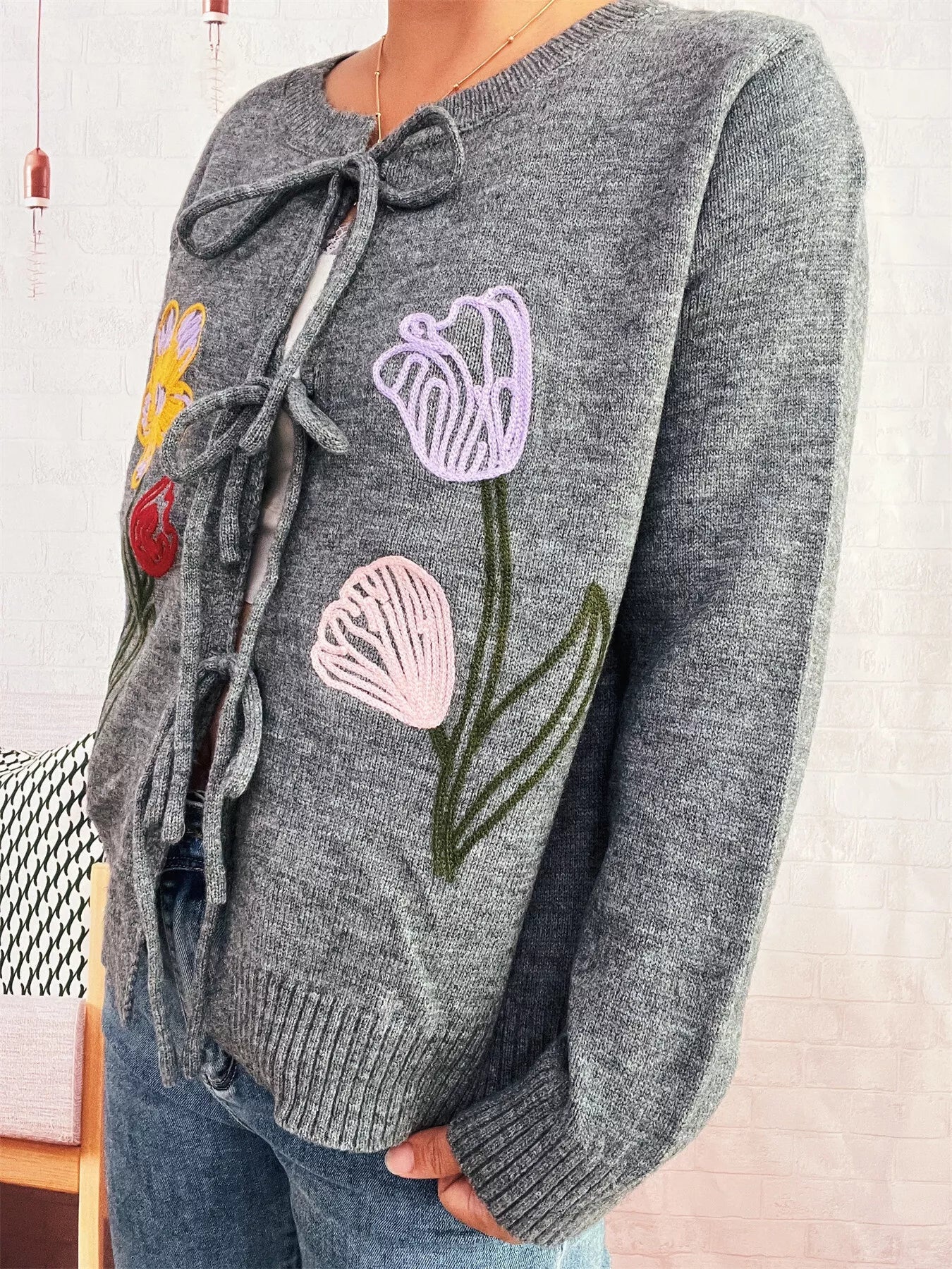 Floral Ribbed Hem Tie Front Cardigan - MAD RUFFI