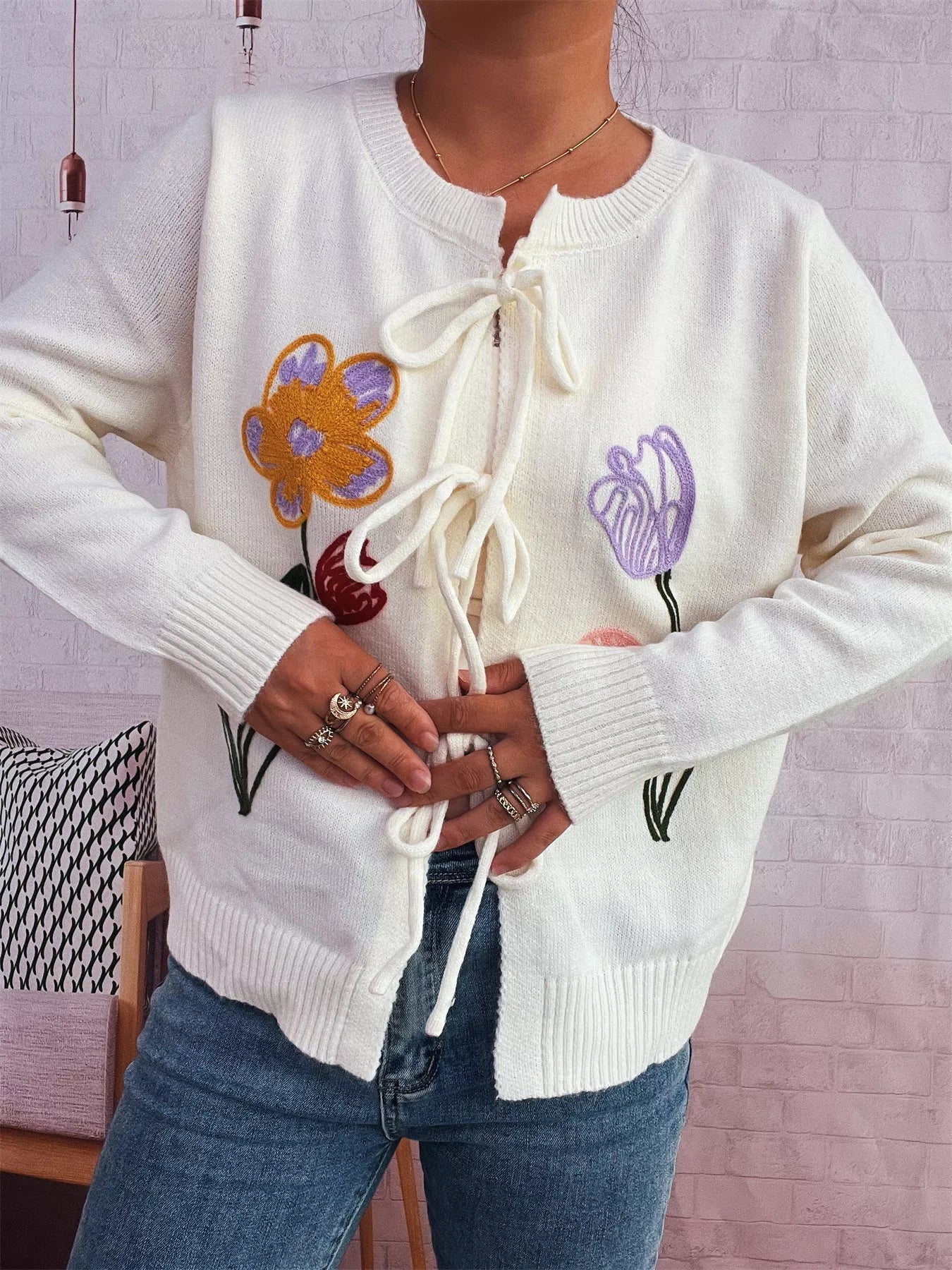 Floral Ribbed Hem Tie Front Cardigan - MAD RUFFI