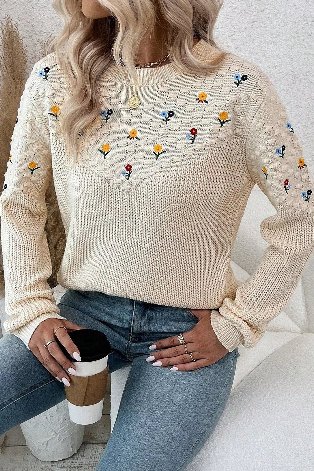 Floral Round Neck Dropped Shoulder Sweater - MAD RUFFI