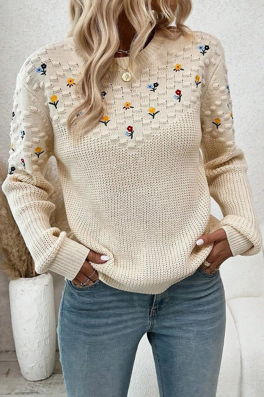 Floral Round Neck Dropped Shoulder Sweater - MAD RUFFI