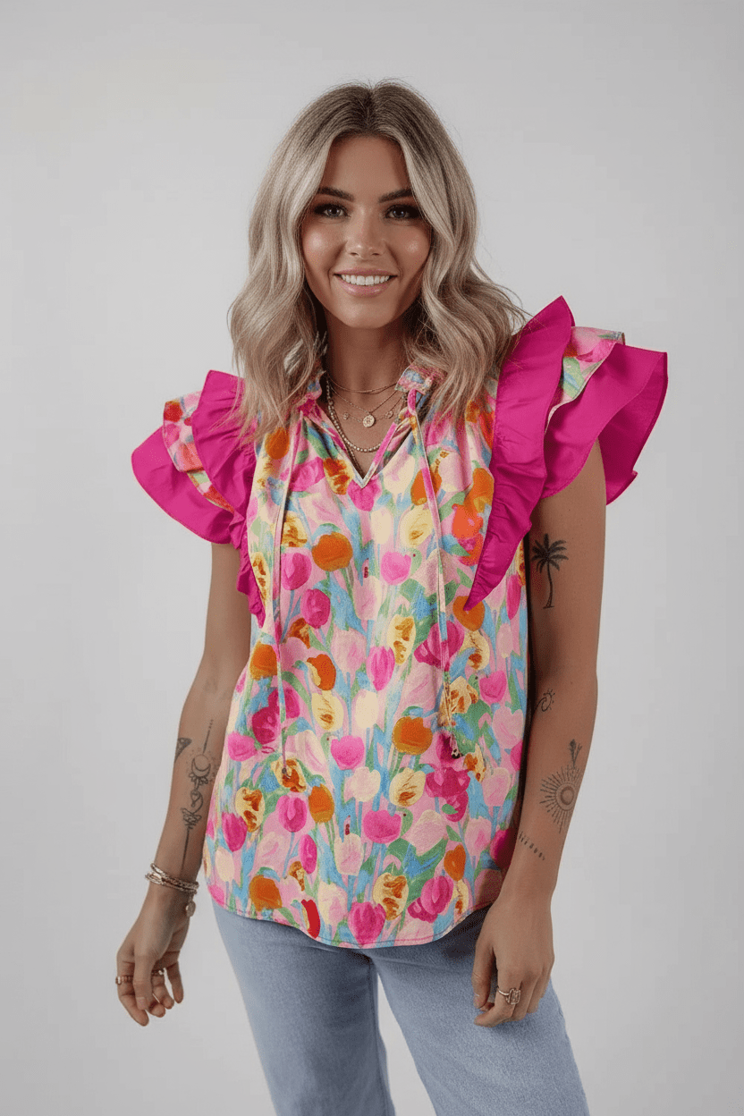 Floral Ruffle Layered Sleeve Blouse - MAD RUFFI