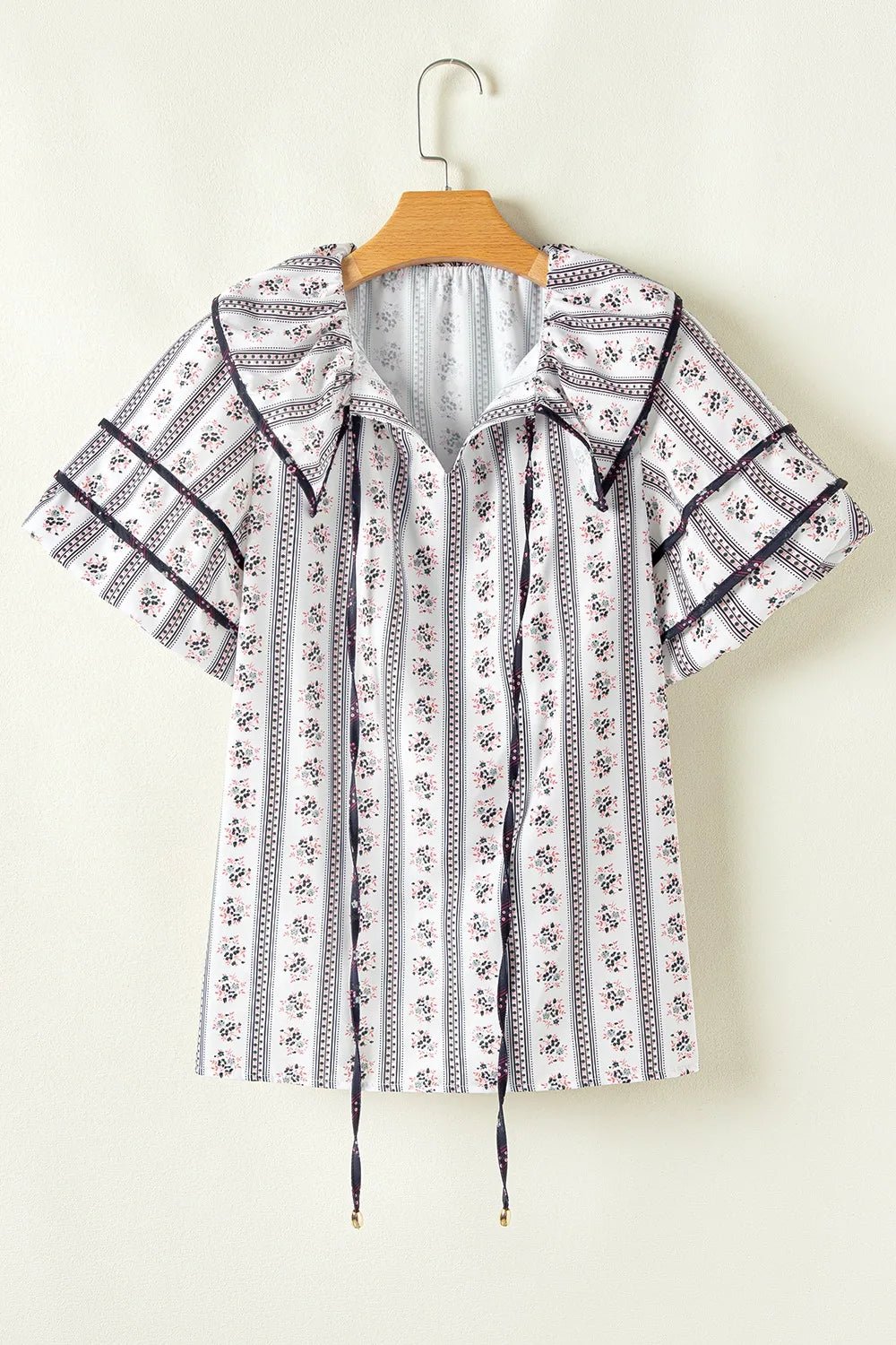Floral Ruffled Collar Short Puff Sleeve Printed Blouse - MAD RUFFI