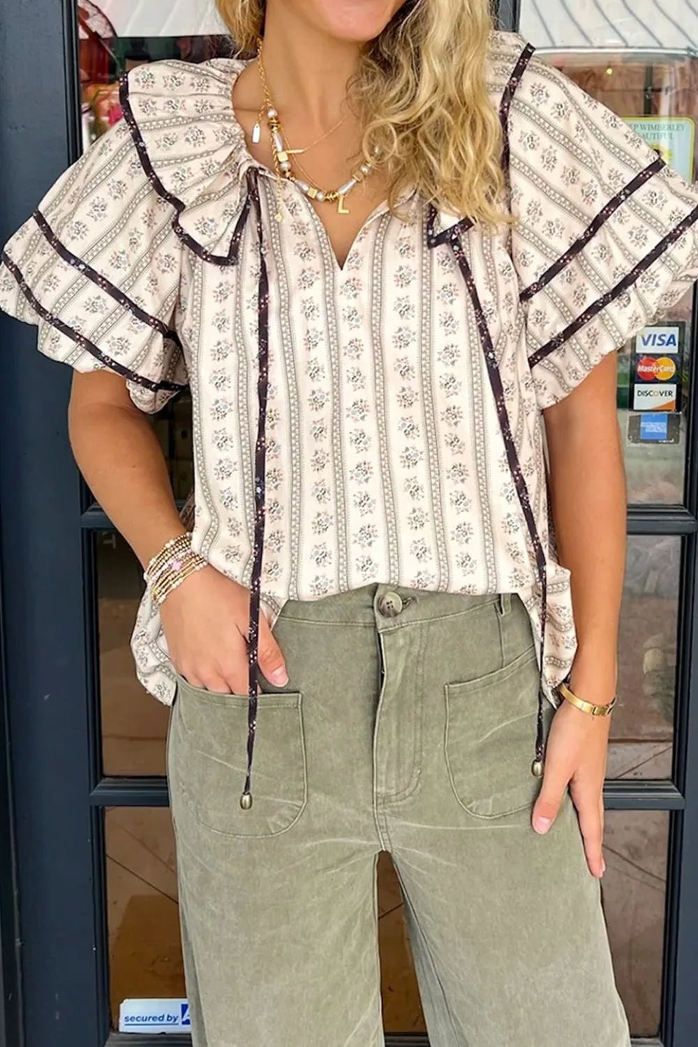 Floral Ruffled Collar Short Puff Sleeve Printed Blouse - MAD RUFFI