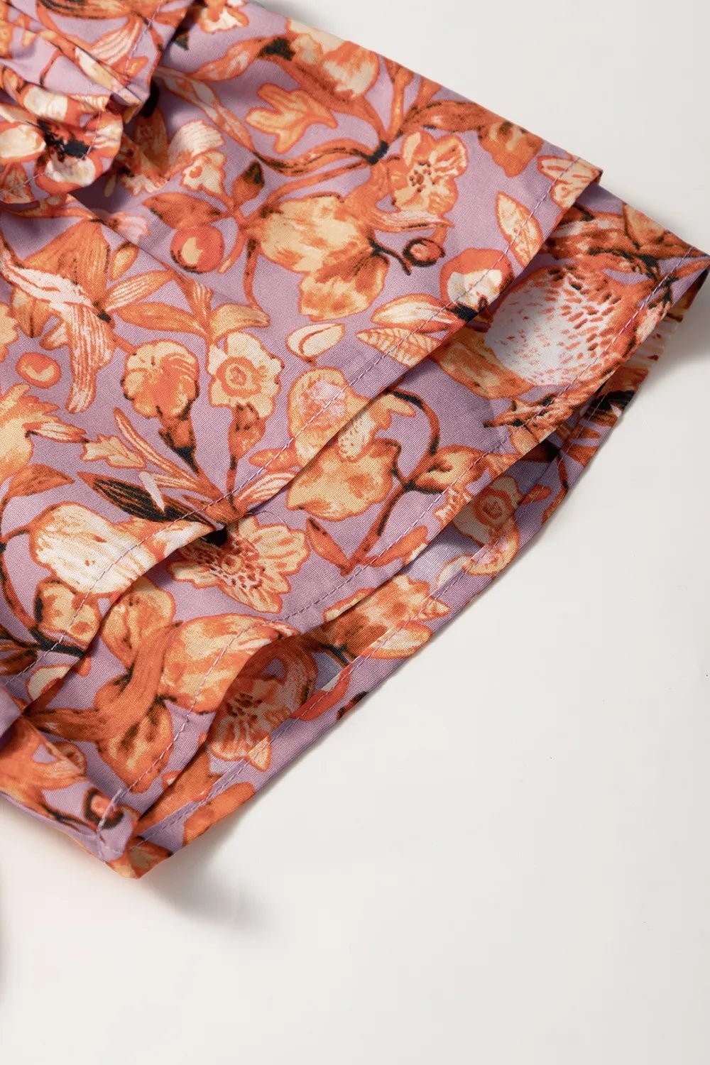 Floral Ruffled Layered Short Sleeve Tie Neck Blouse - MAD RUFFI