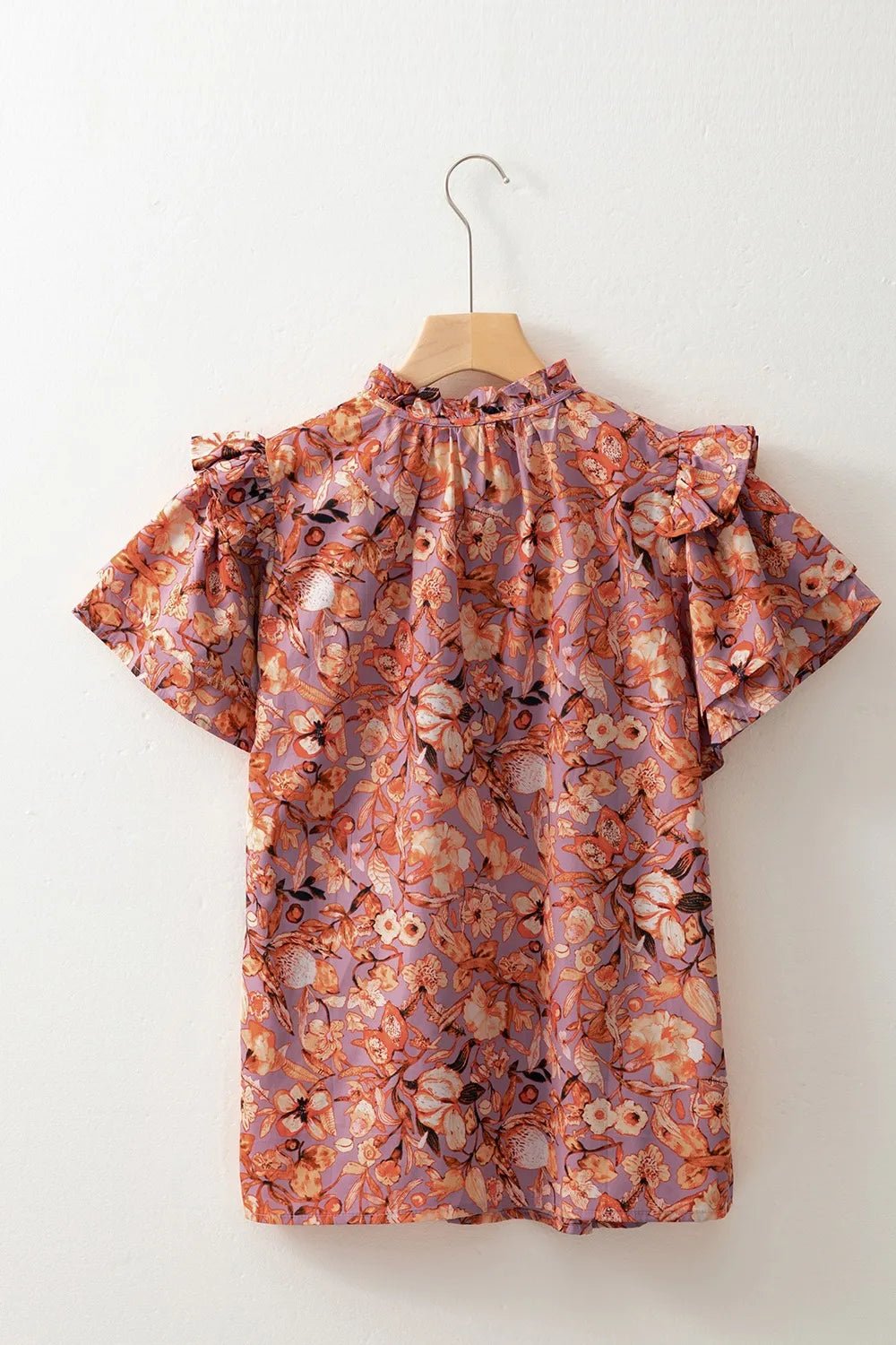 Floral Ruffled Layered Short Sleeve Tie Neck Blouse - MAD RUFFI