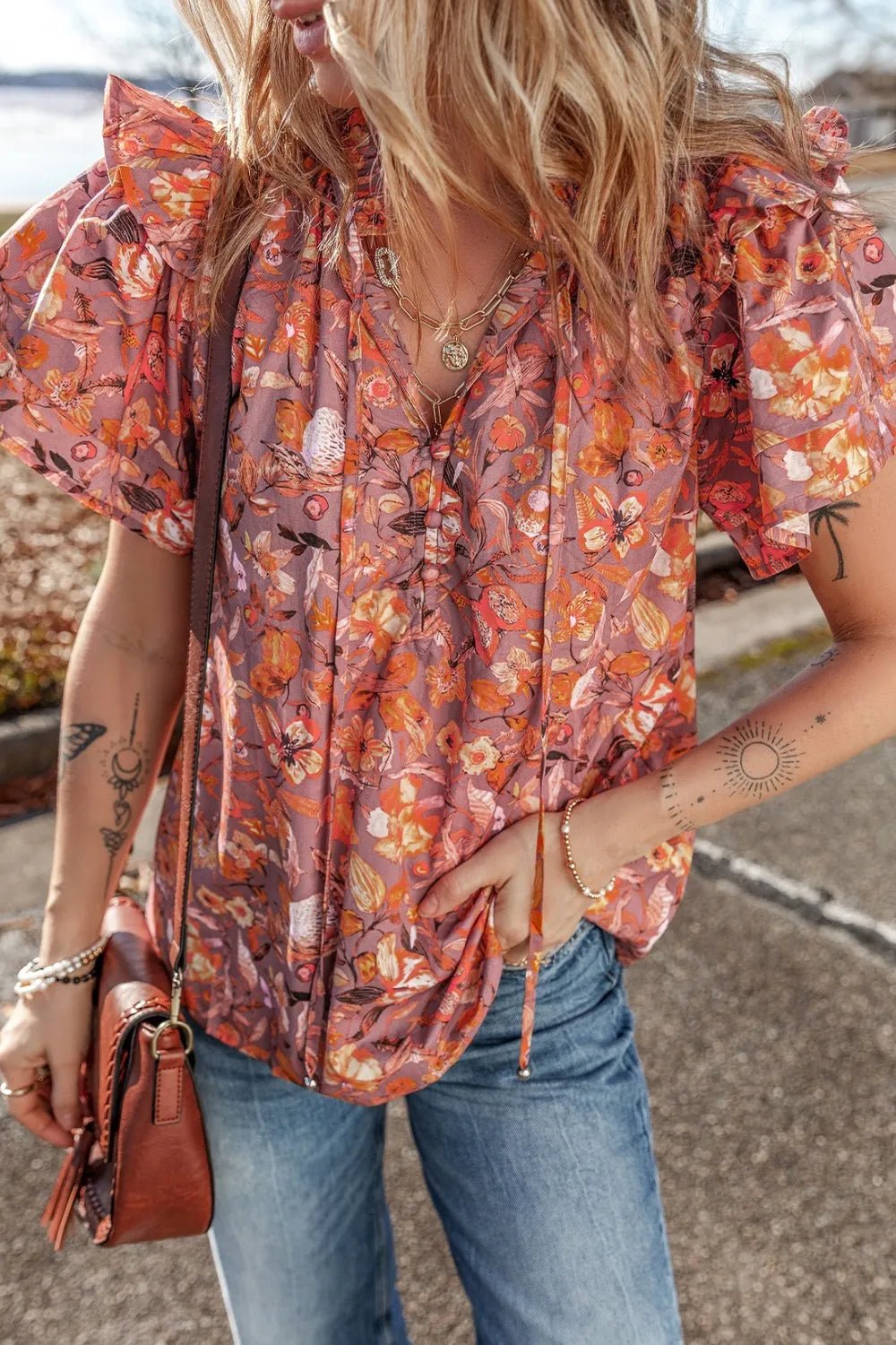 Floral Ruffled Layered Short Sleeve Tie Neck Blouse - MAD RUFFI