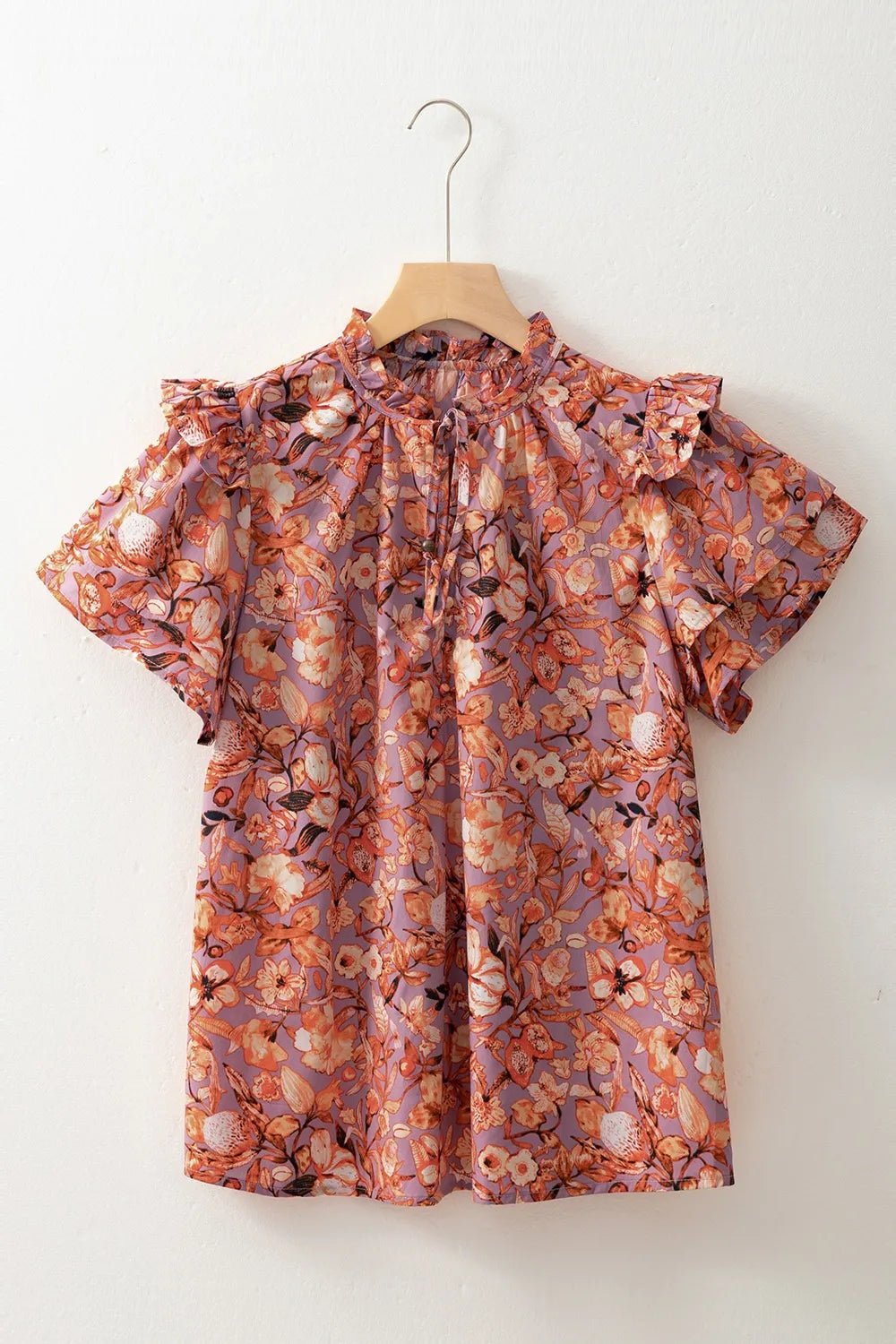 Floral Ruffled Layered Short Sleeve Tie Neck Blouse - MAD RUFFI