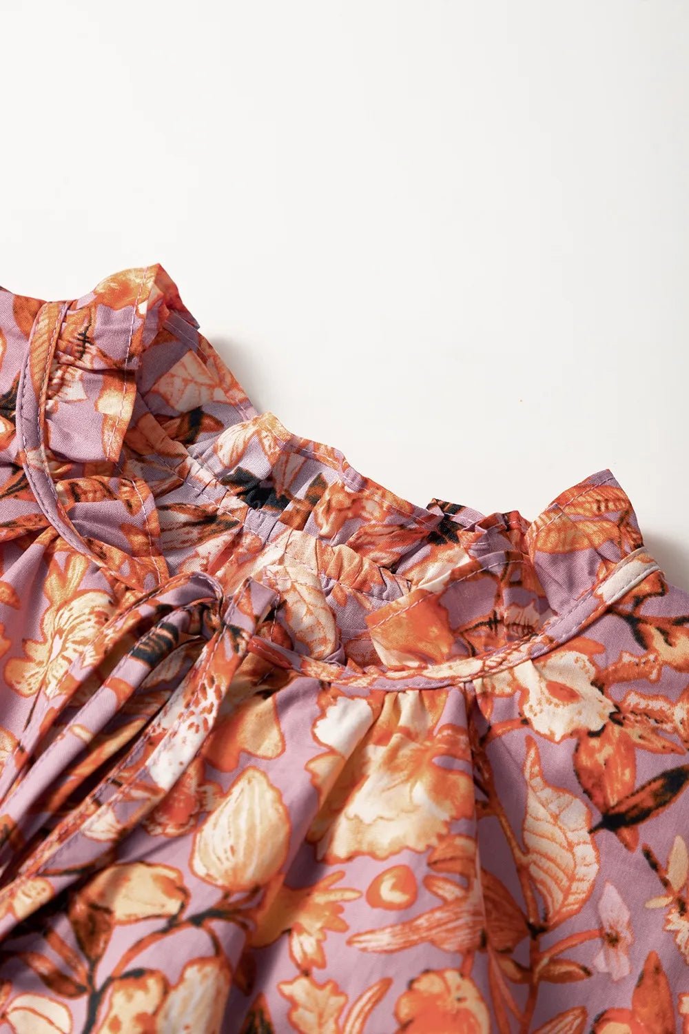 Floral Ruffled Layered Short Sleeve Tie Neck Blouse - MAD RUFFI