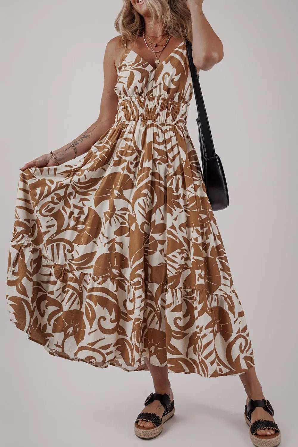 Floral Shirred High Waist Spaghetti Straps Dress - MAD RUFFI