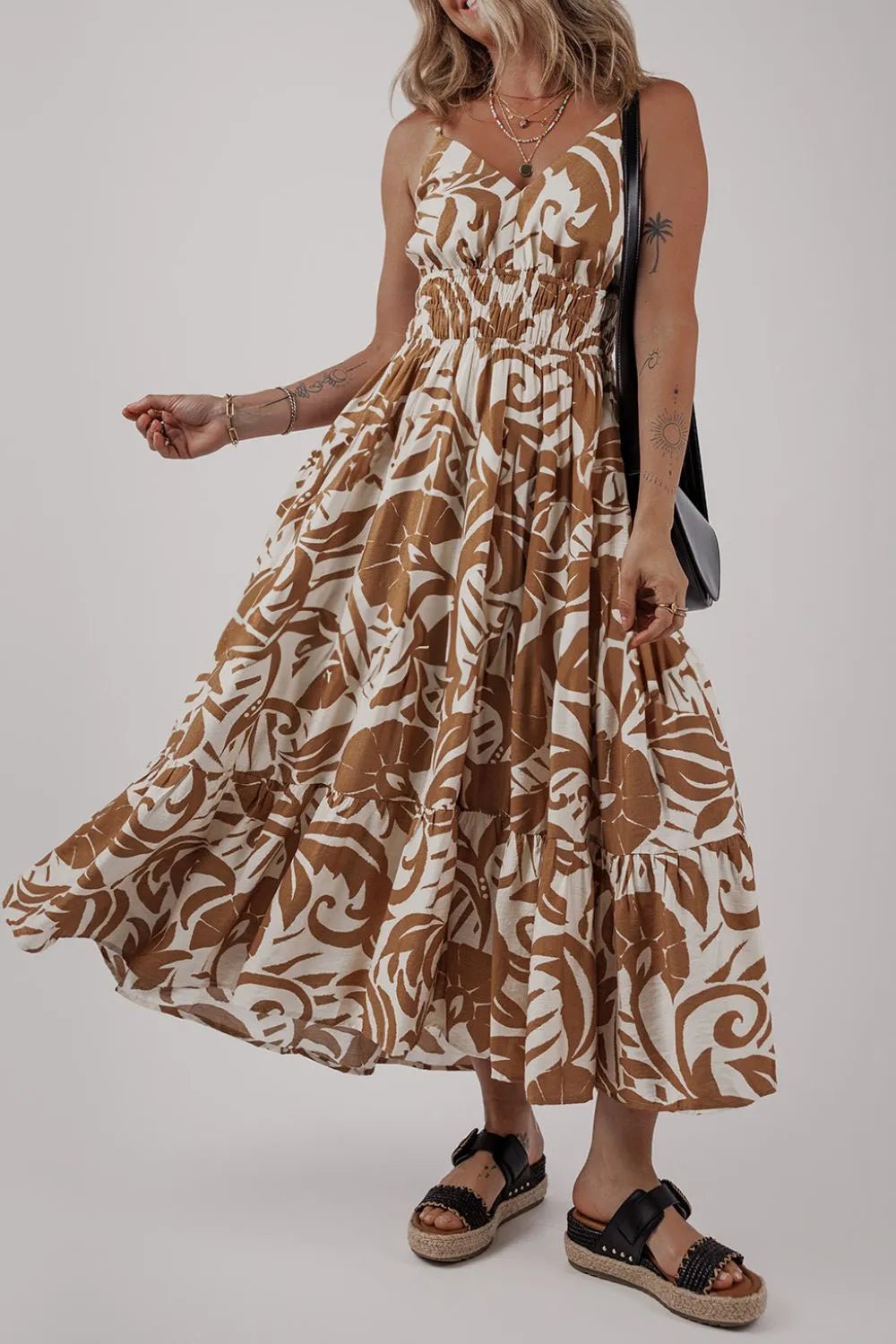 Floral Shirred High Waist Spaghetti Straps Dress - MAD RUFFI