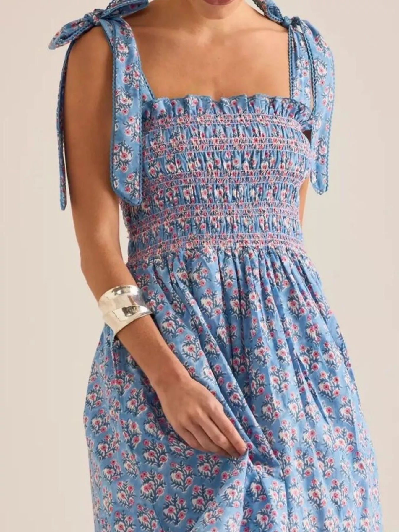 Floral Smocked Tie - Shoulder Midi Dress - MAD RUFFI