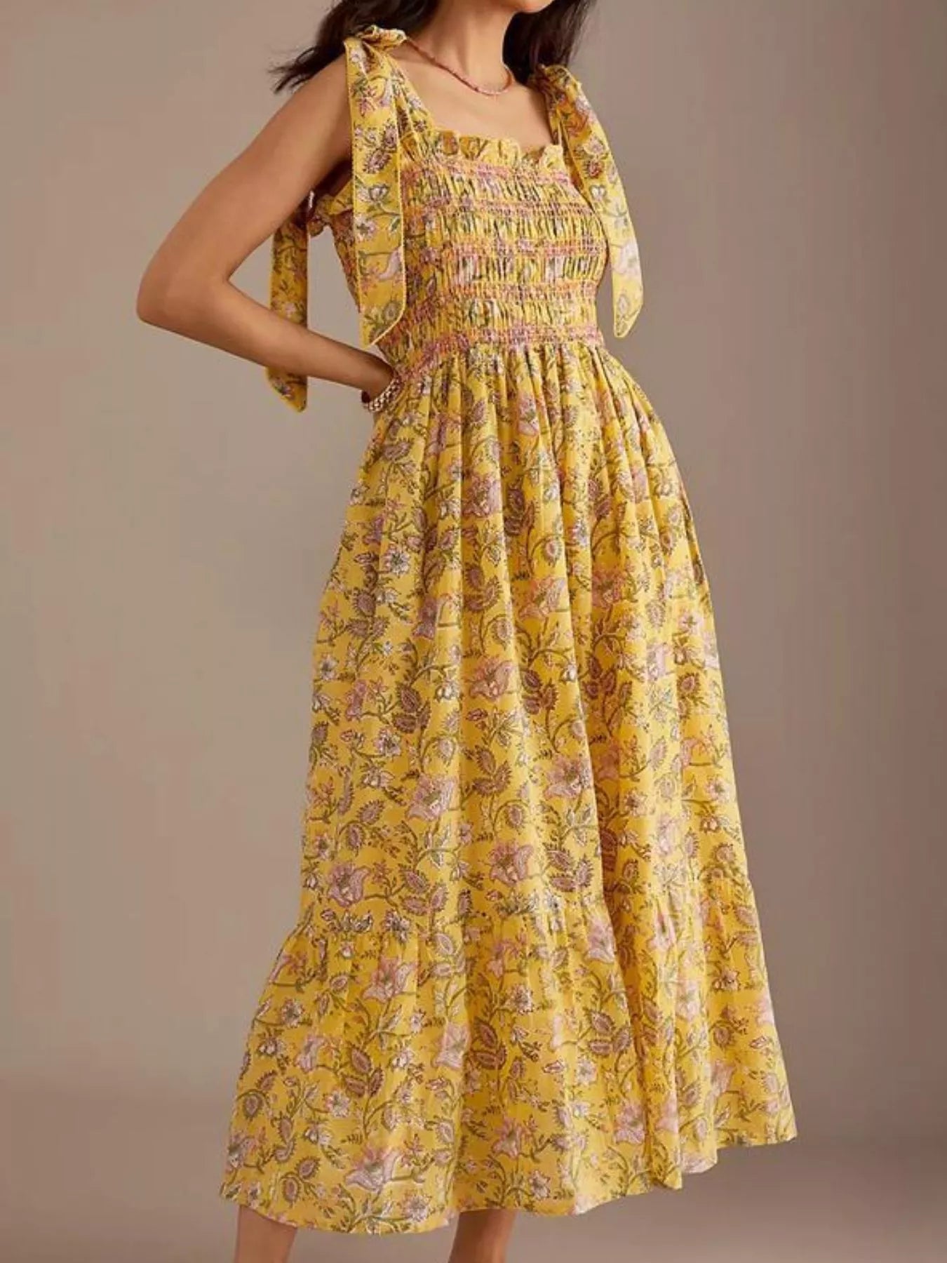 Floral Smocked Tie - Shoulder Midi Dress - MAD RUFFI