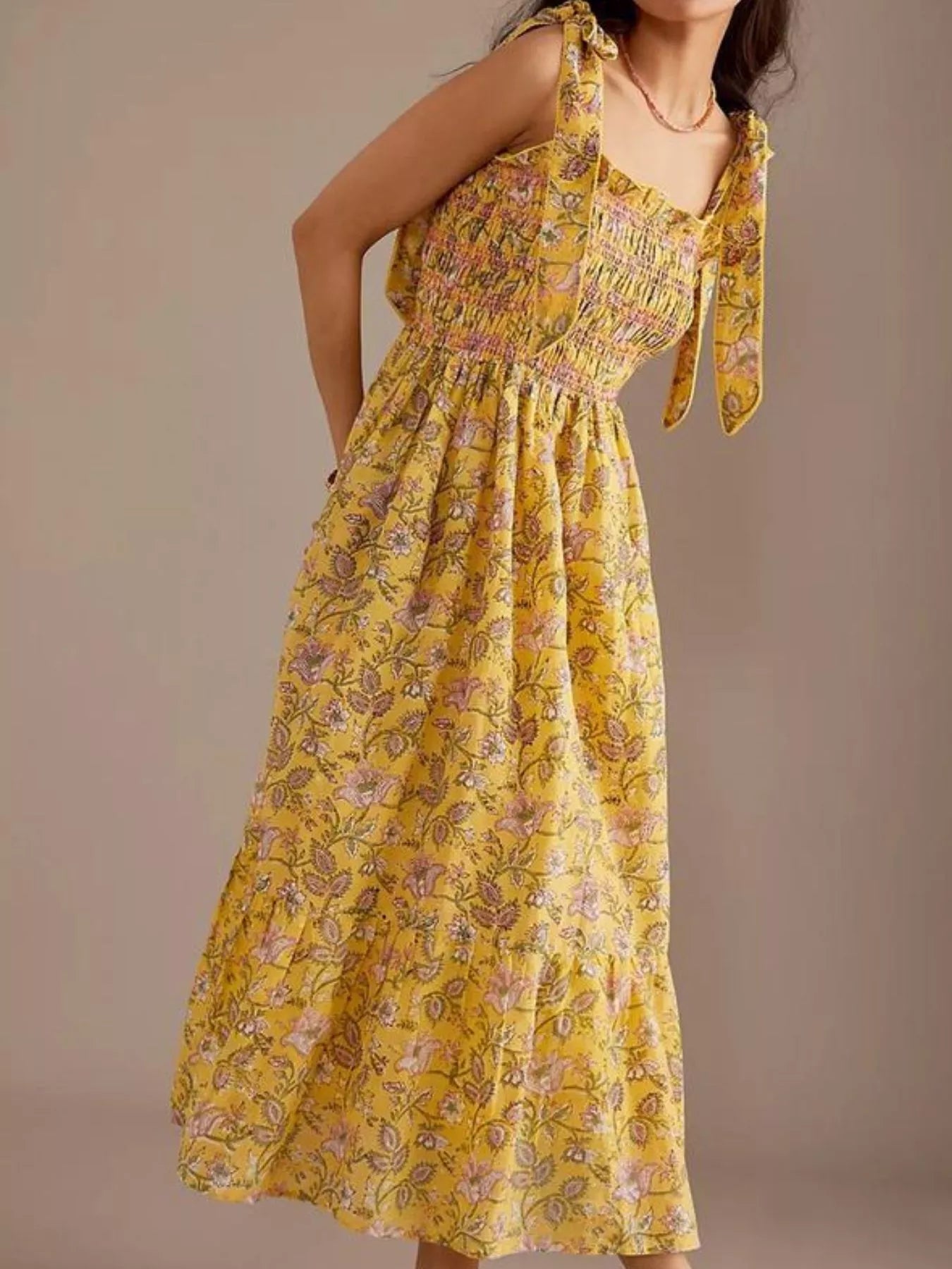 Floral Smocked Tie - Shoulder Midi Dress - MAD RUFFI