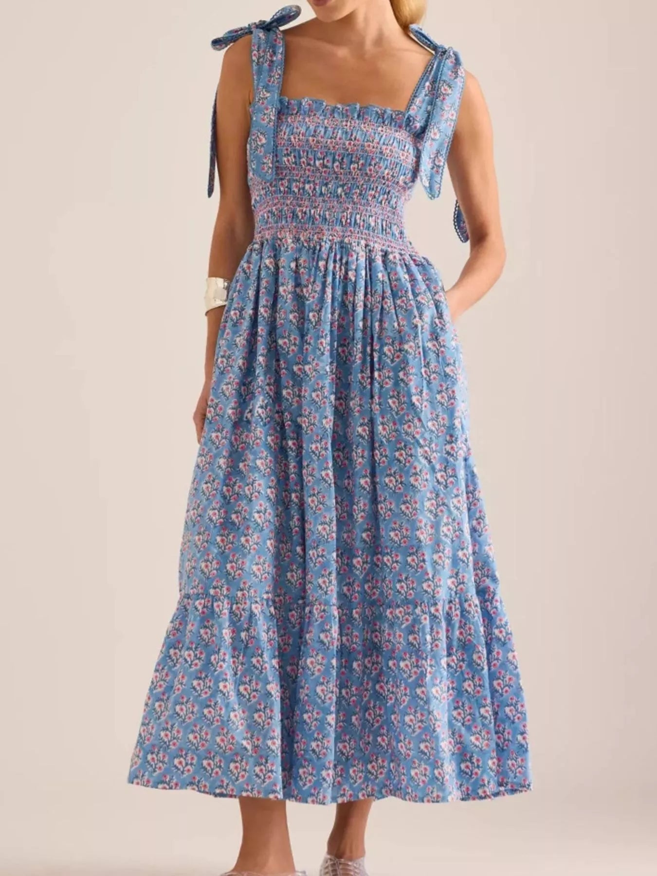 Floral Smocked Tie - Shoulder Midi Dress - MAD RUFFI