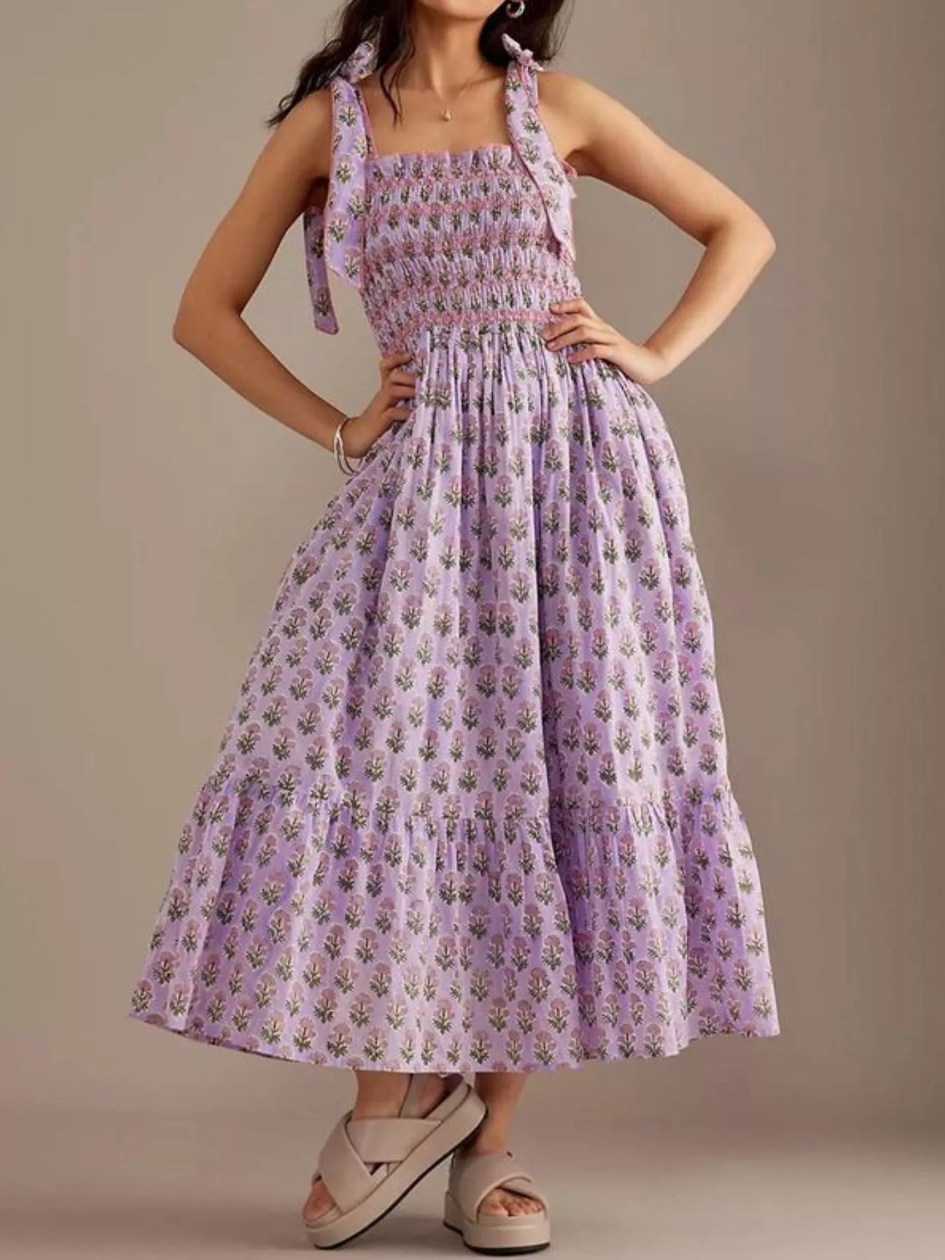 Floral Smocked Tie - Shoulder Midi Dress - MAD RUFFI