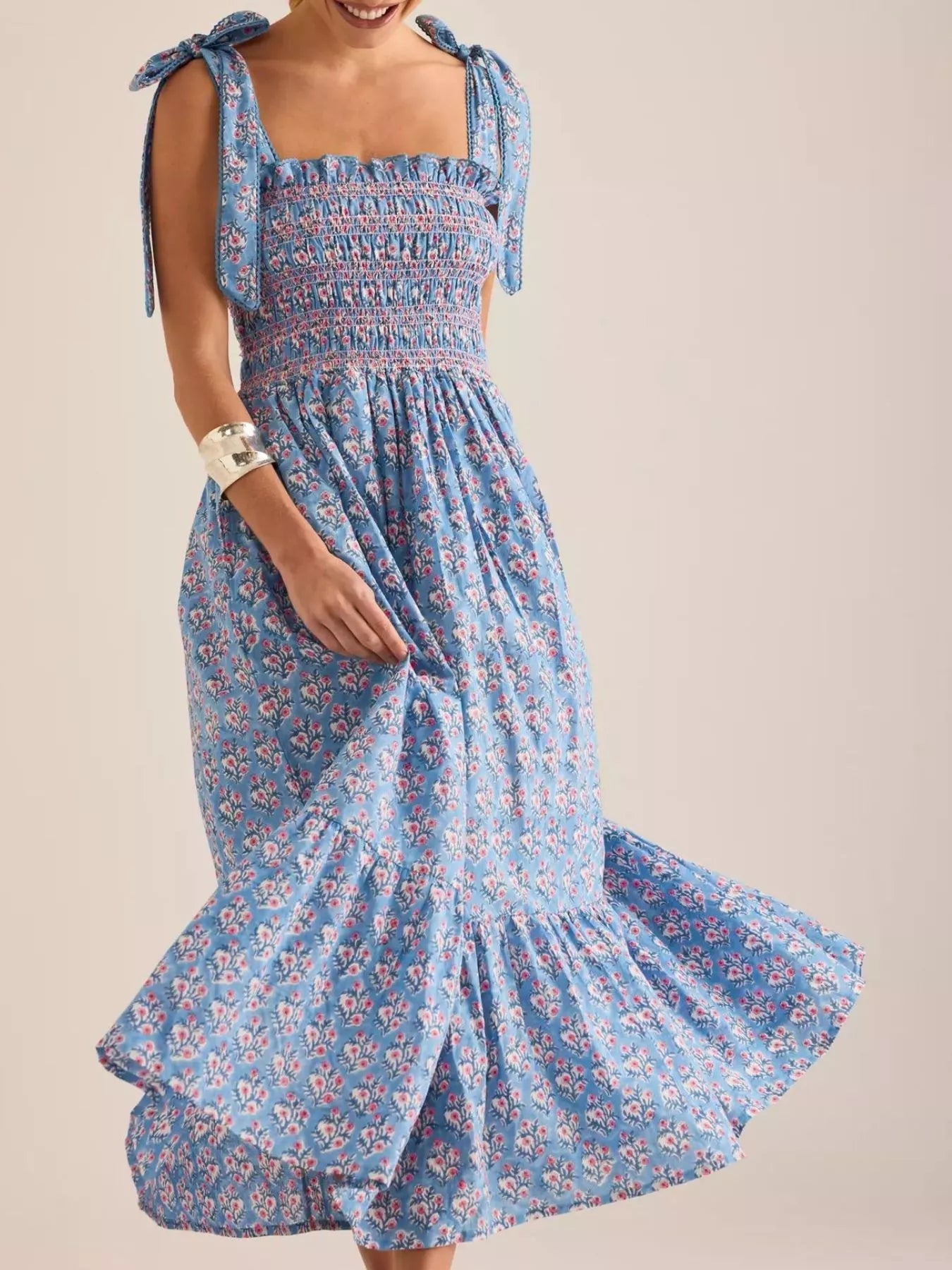 Floral Smocked Tie - Shoulder Midi Dress - MAD RUFFI
