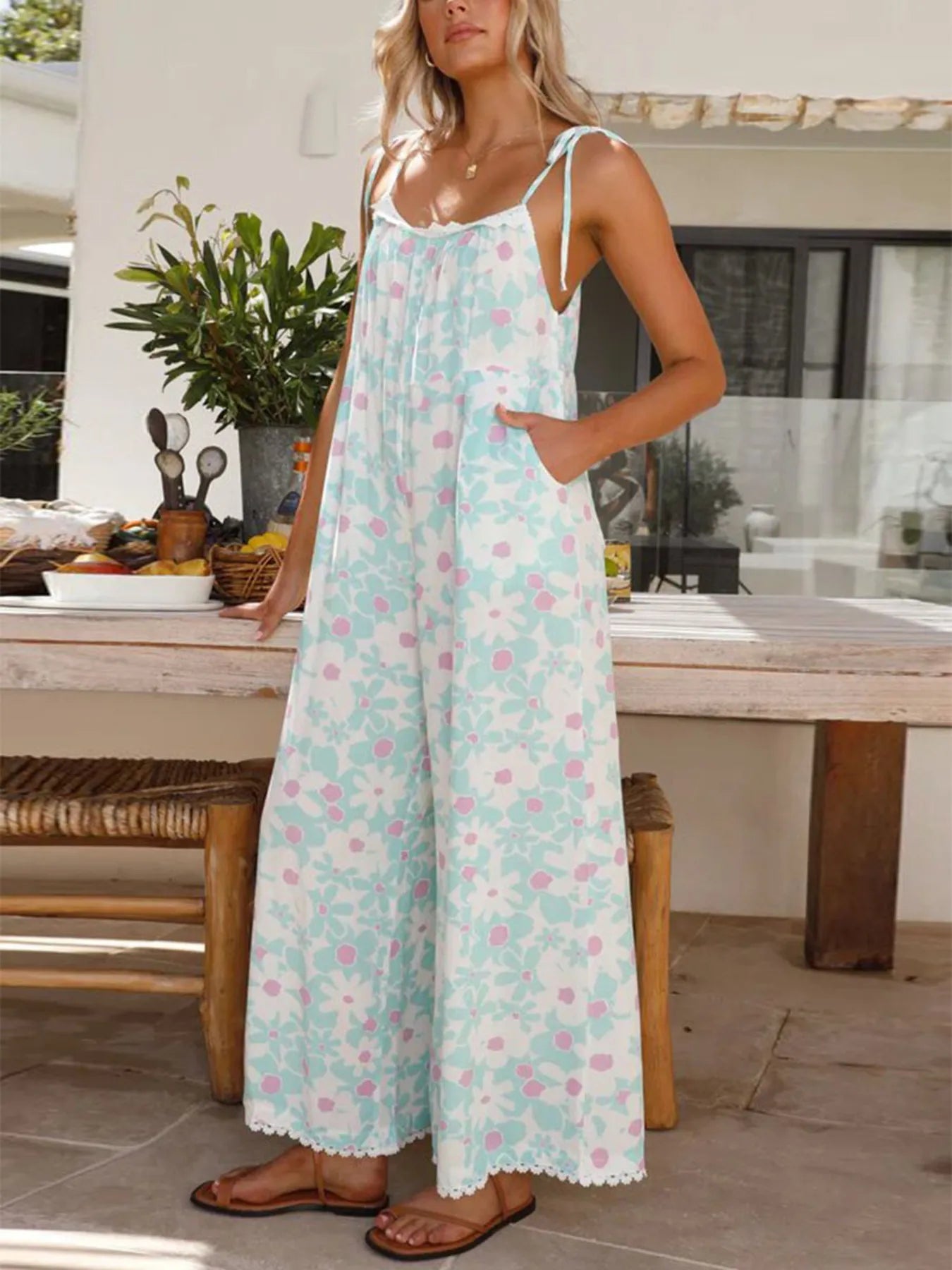 Floral Spaghetti Strap Wide Leg Jumpsuit - MAD RUFFI