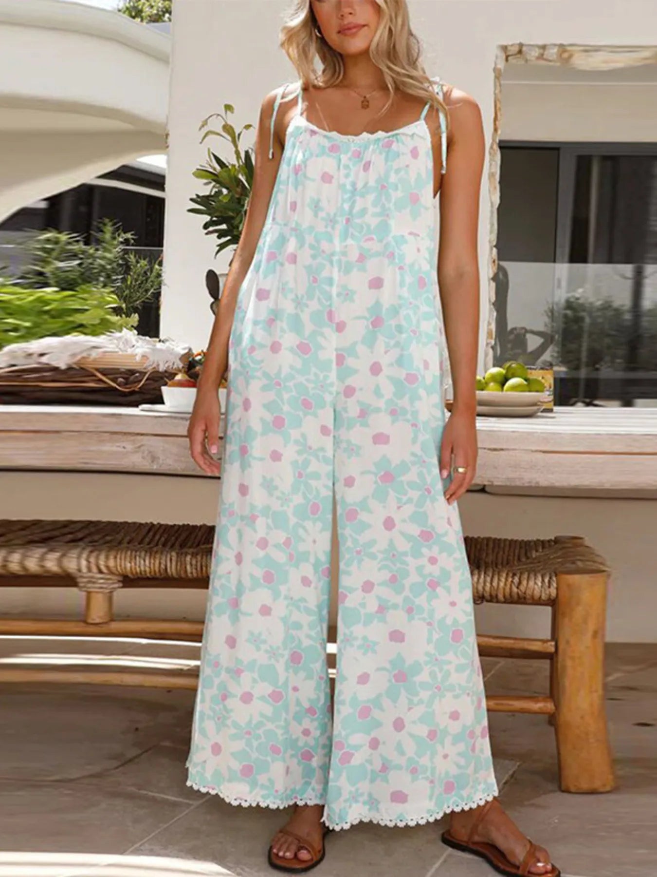 Floral Spaghetti Strap Wide Leg Jumpsuit - MAD RUFFI