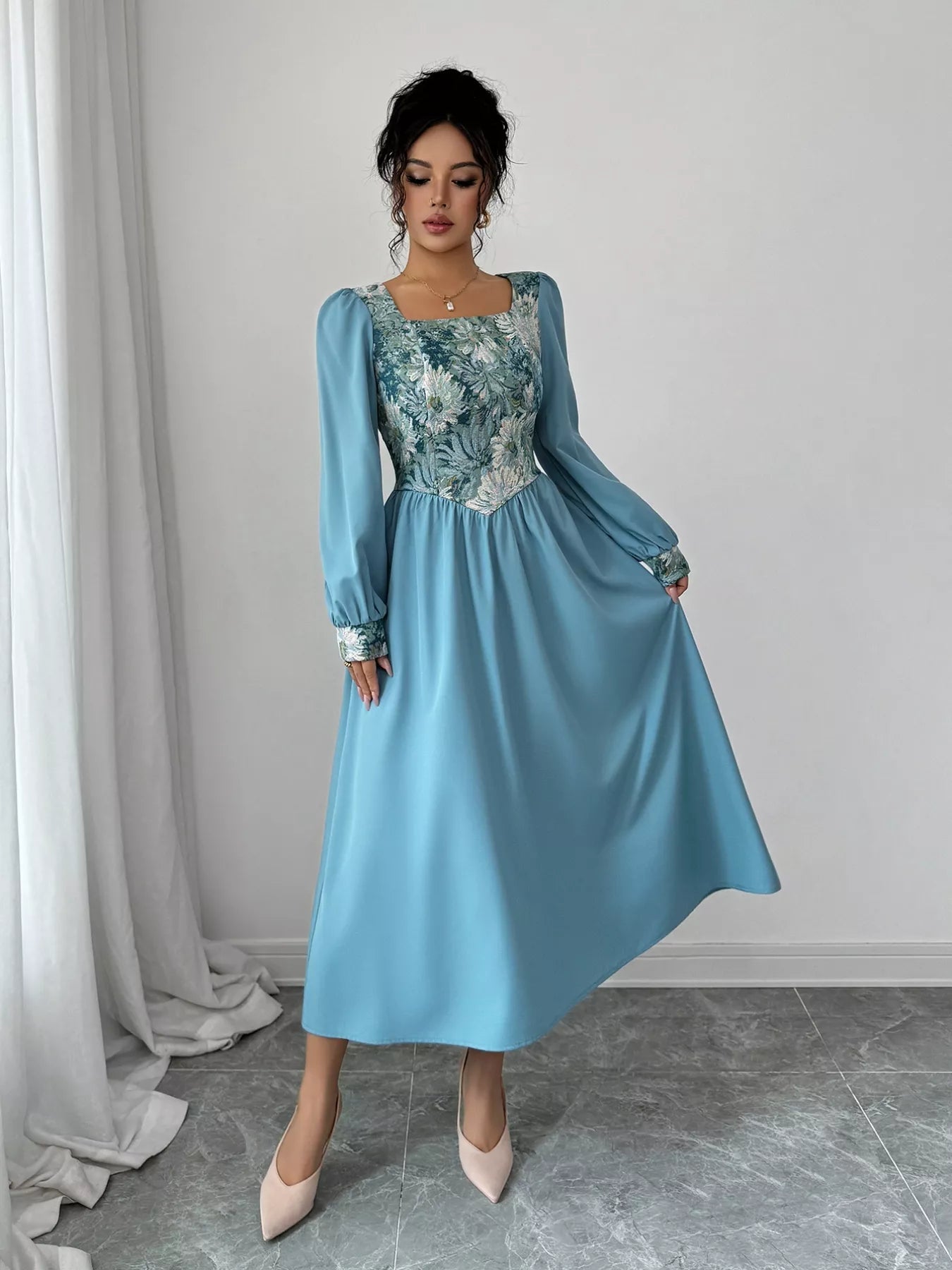 Floral Square Neck Lantern Sleeve Dress - MAD RUFFI