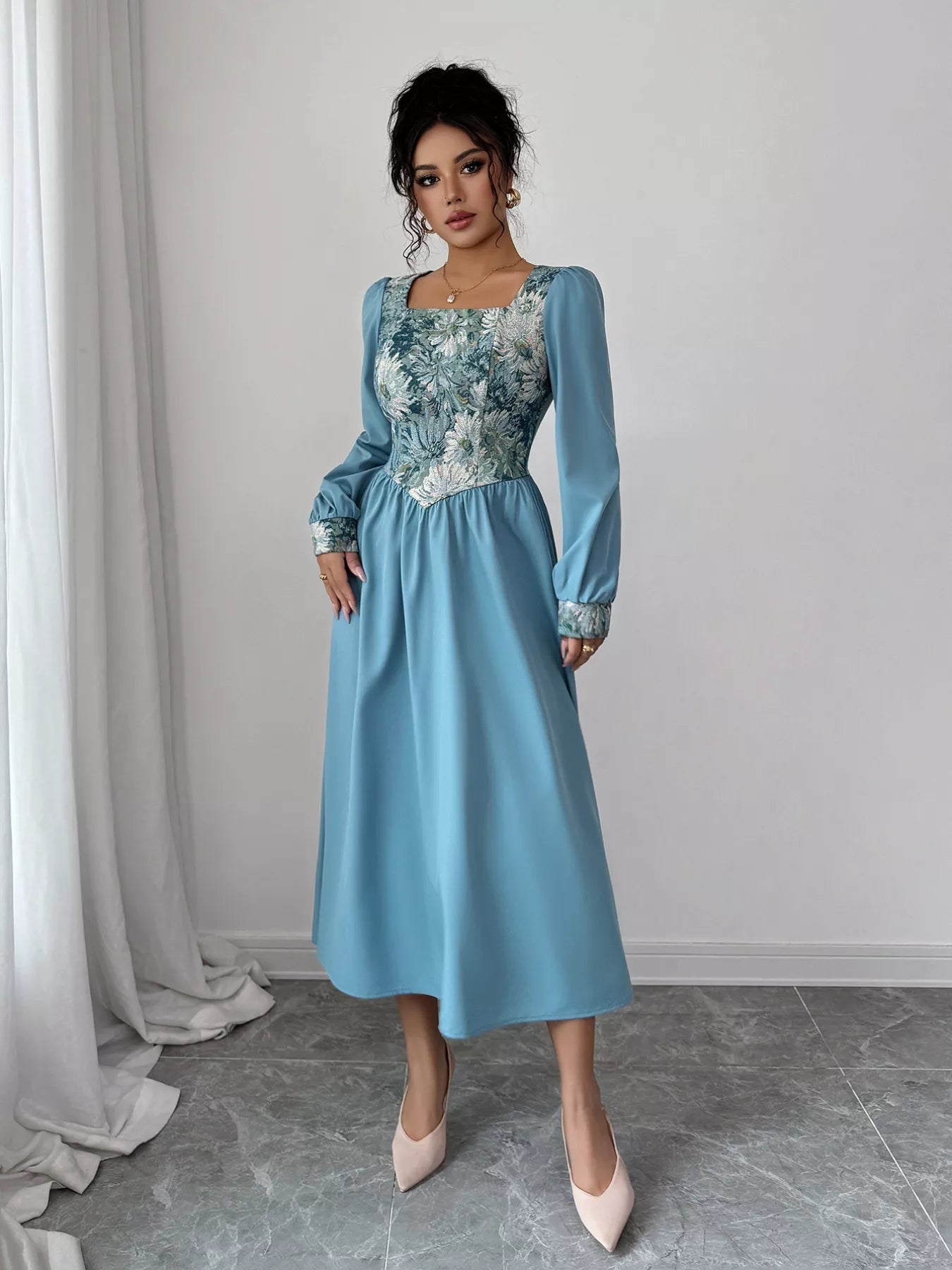 Floral Square Neck Lantern Sleeve Dress - MAD RUFFI