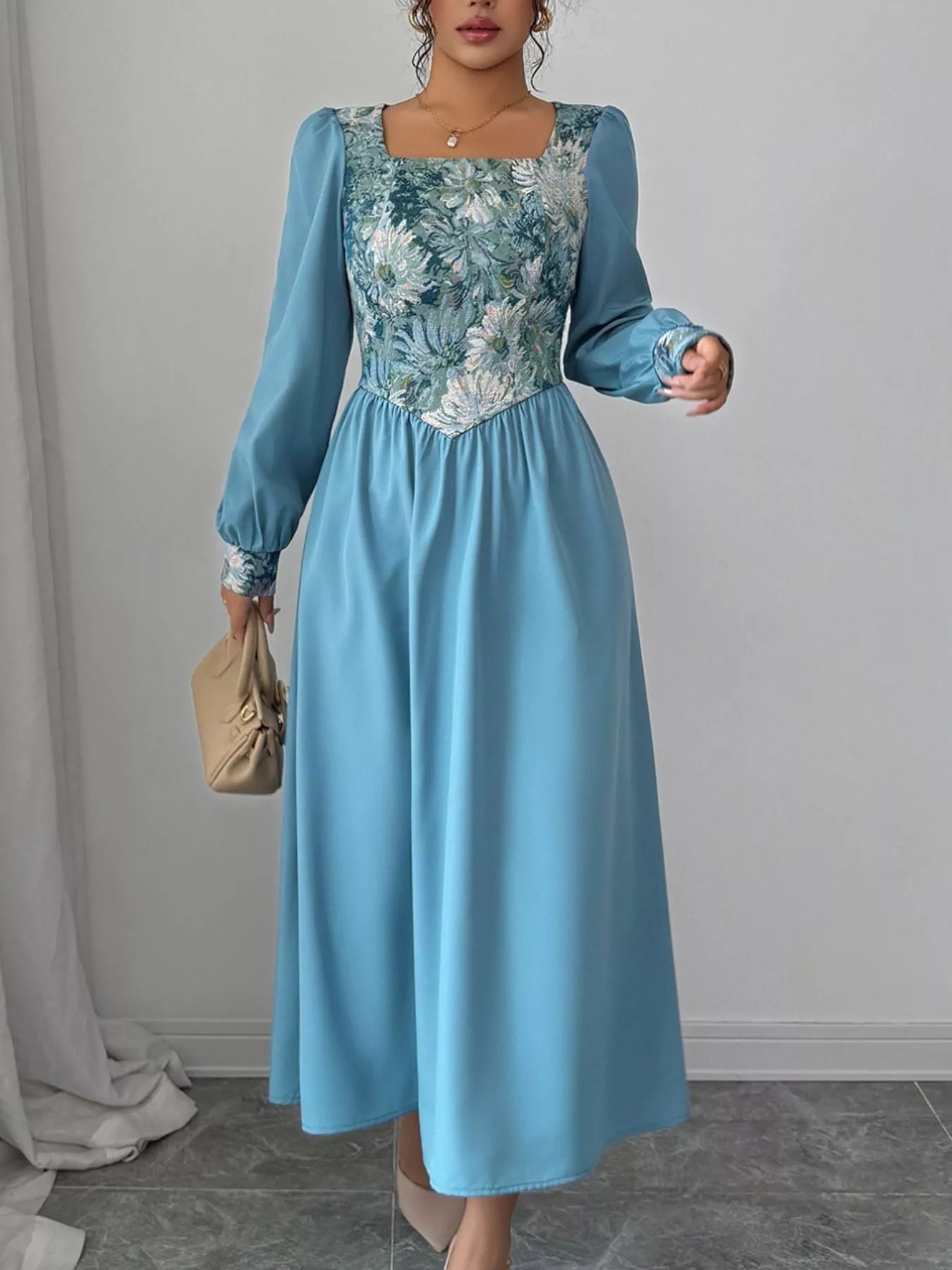 Floral Square Neck Lantern Sleeve Dress - MAD RUFFI