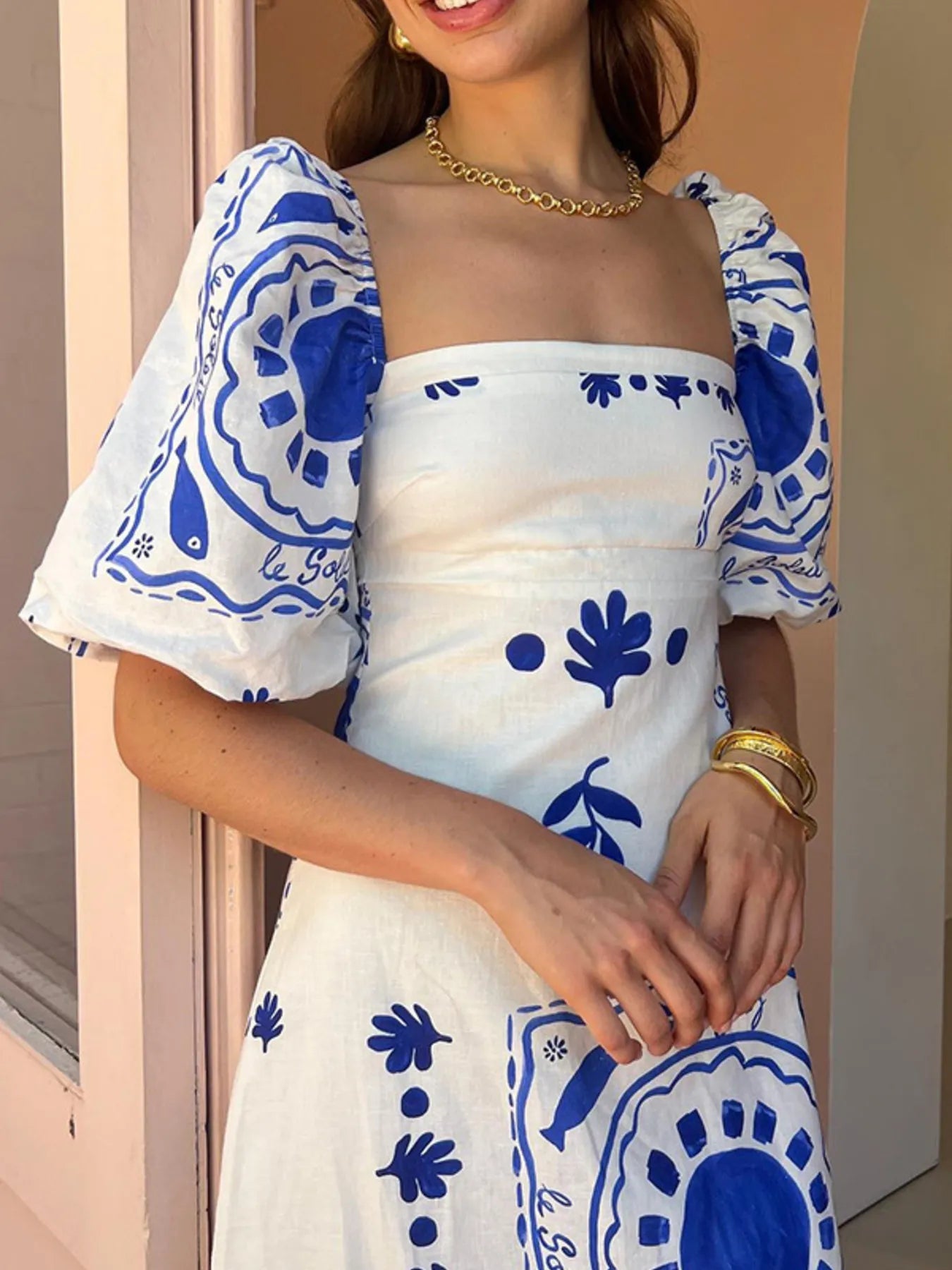 Floral Square Neck Puff Sleeve Maxi Dress with Ruffle Hem - MAD RUFFI