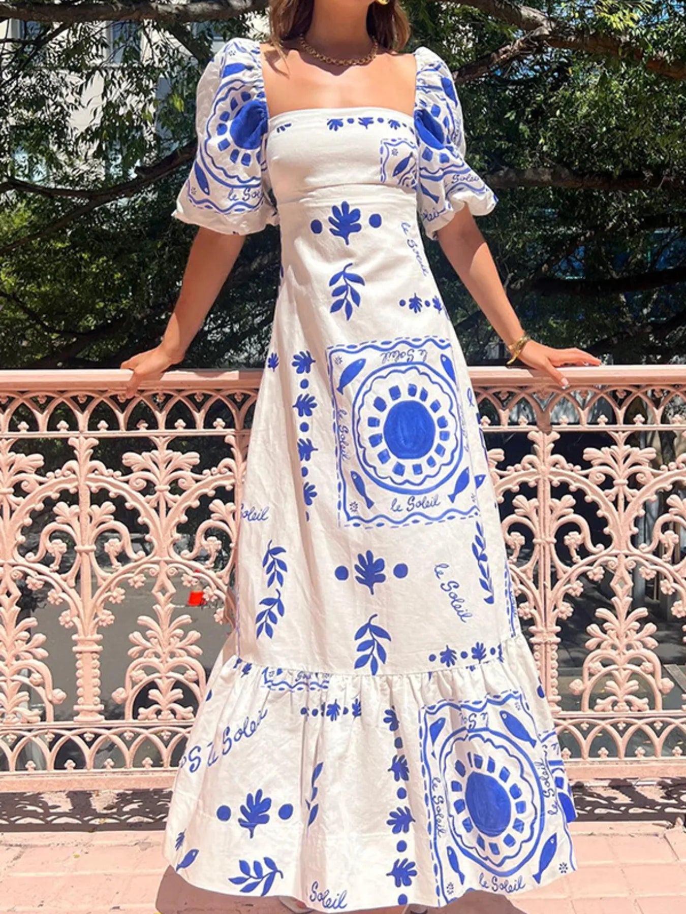 Floral Square Neck Puff Sleeve Maxi Dress with Ruffle Hem - MAD RUFFI