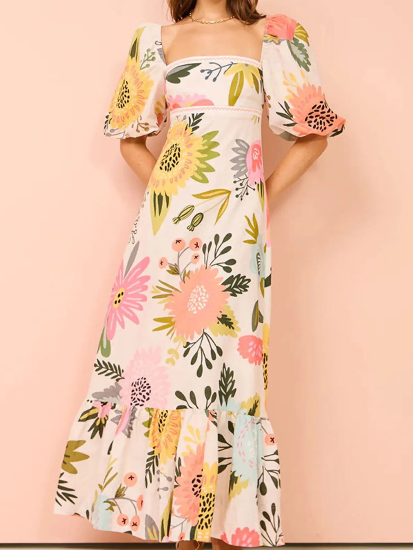 Floral Square Neck Puff Sleeve Maxi Dress with Ruffle Hem - MAD RUFFI