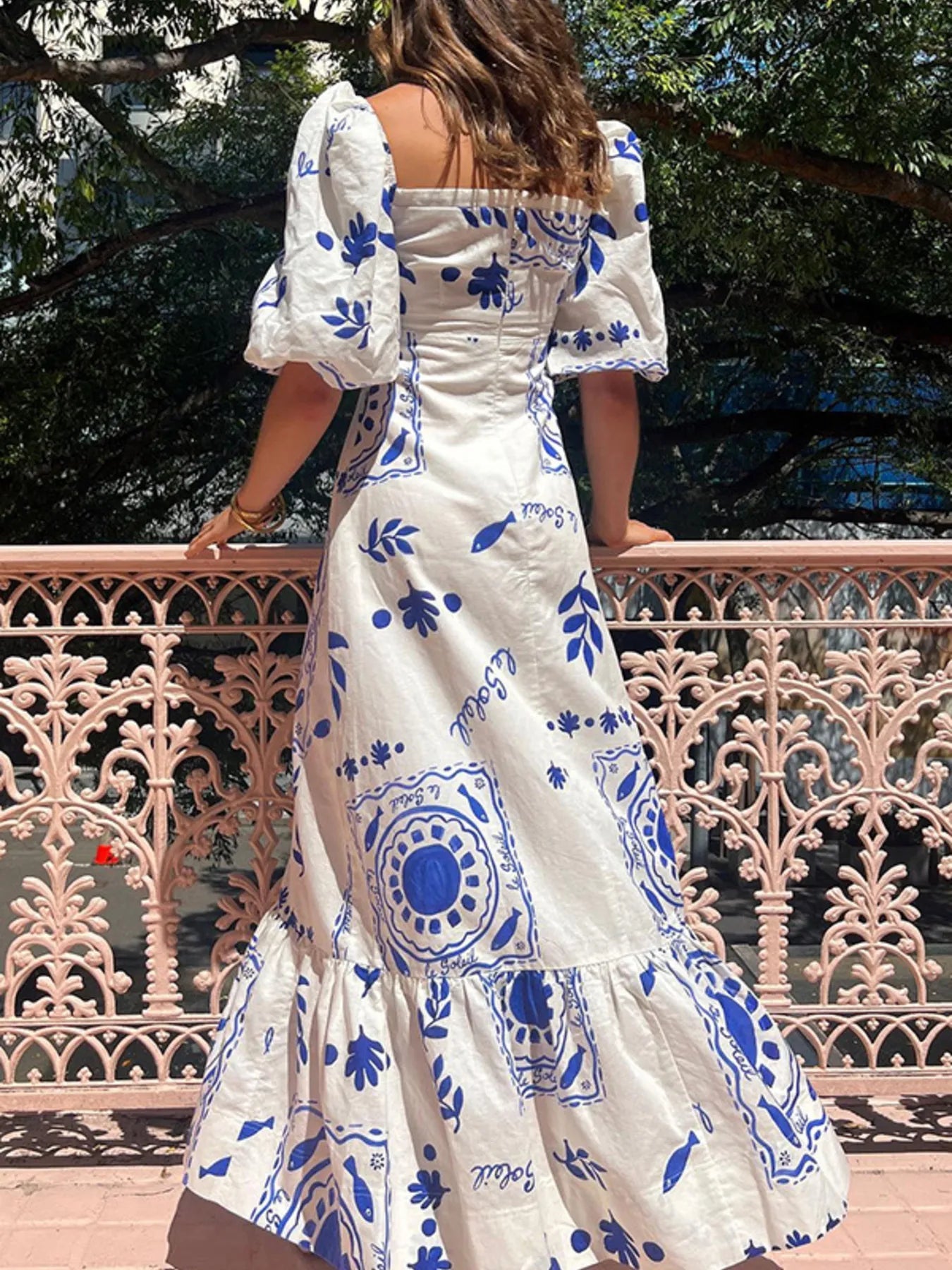 Floral Square Neck Puff Sleeve Maxi Dress with Ruffle Hem - MAD RUFFI