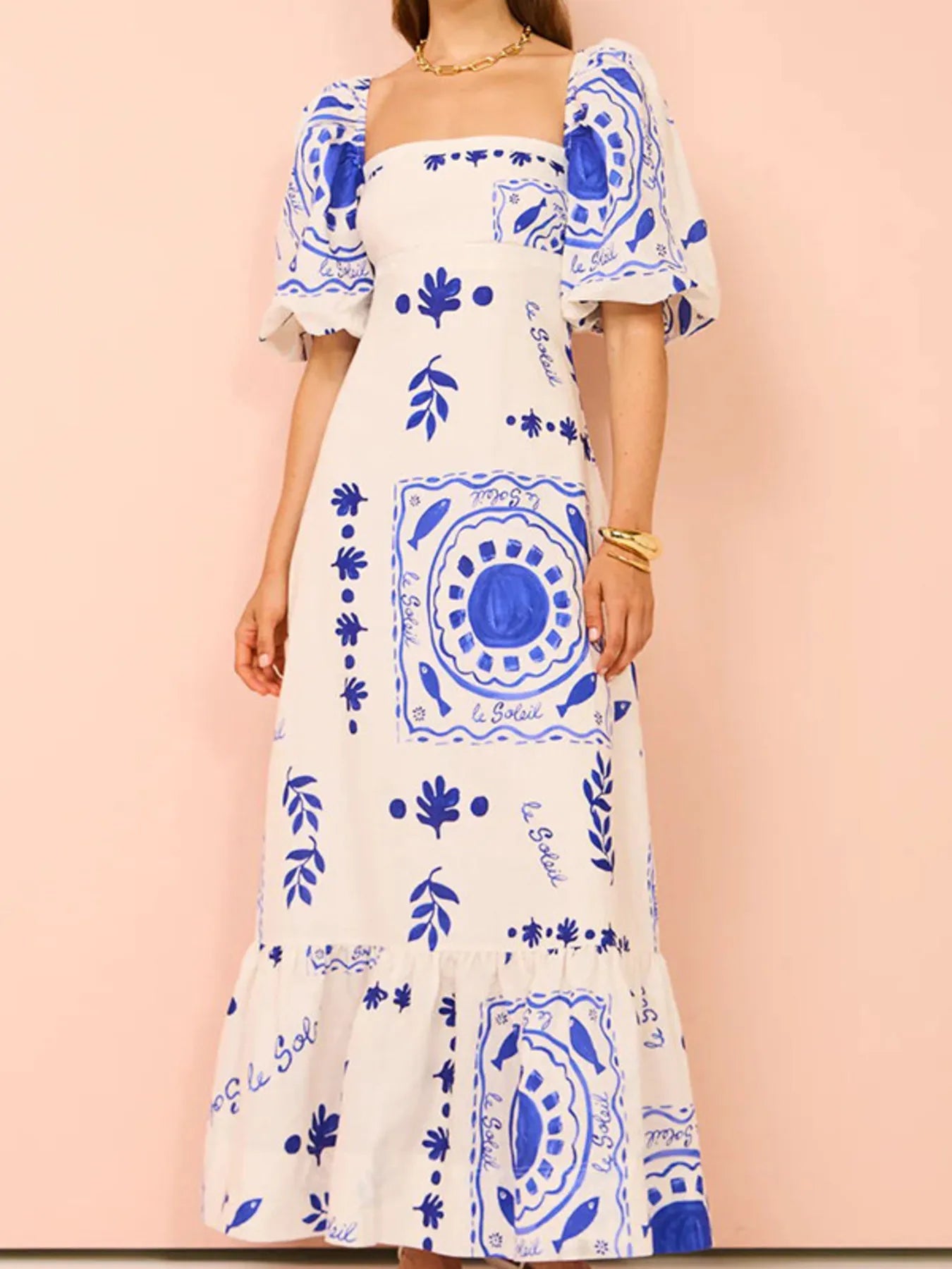 Floral Square Neck Puff Sleeve Maxi Dress with Ruffle Hem - MAD RUFFI